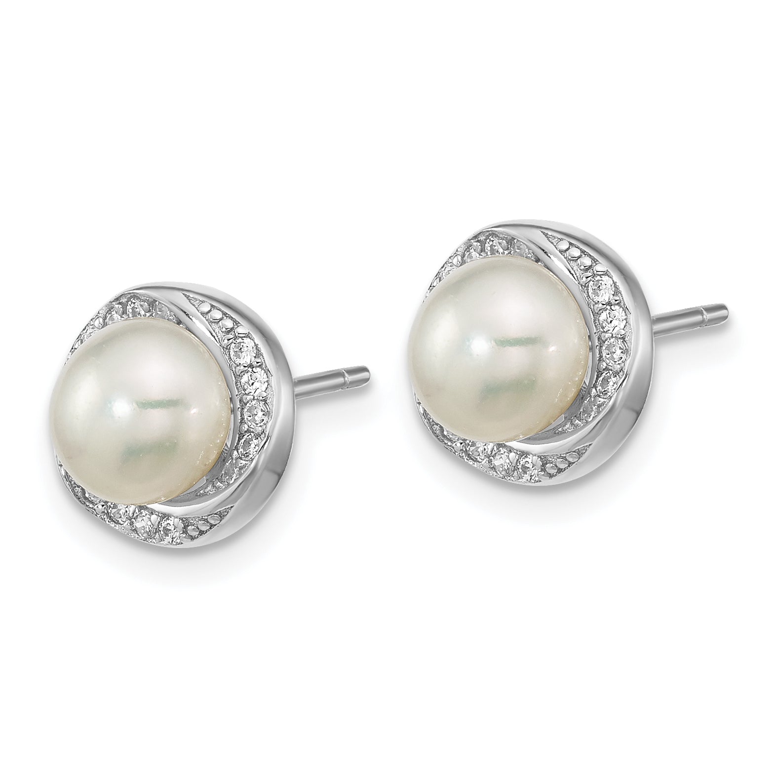 Sterling Silver Rhodium-plated 6-7mm White Button Freshwater Cultured Pearl and CZ Post Earrings Secondary image