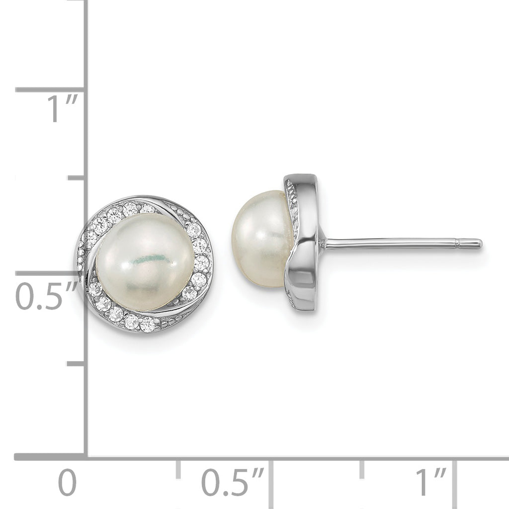 Sterling Silver Rhodium-plated 6-7mm White Button Freshwater Cultured Pearl and CZ Post Earrings