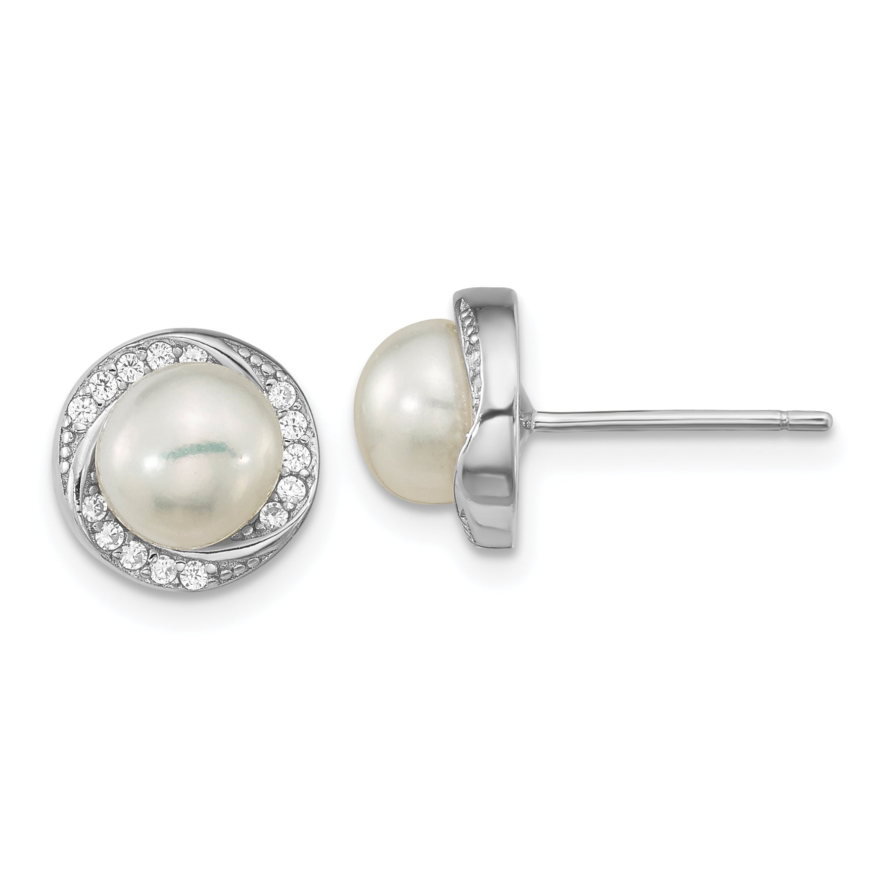 Sterling Silver Rhodium-plated 6-7mm White Button Freshwater Cultured Pearl and CZ Post Earrings Main image