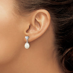 Sterling Silver Rhodium-plated 7x9mm White Teardrop Freshwater Cultured Pearl Heart Post Dangle Earrings
