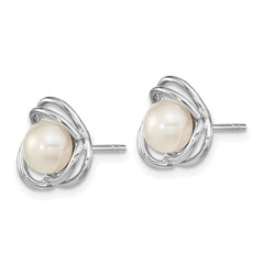 Sterling Silver Rhodium-plated 6-7mm White Button Freshwater Cultured Pearl Knot Post Earrings