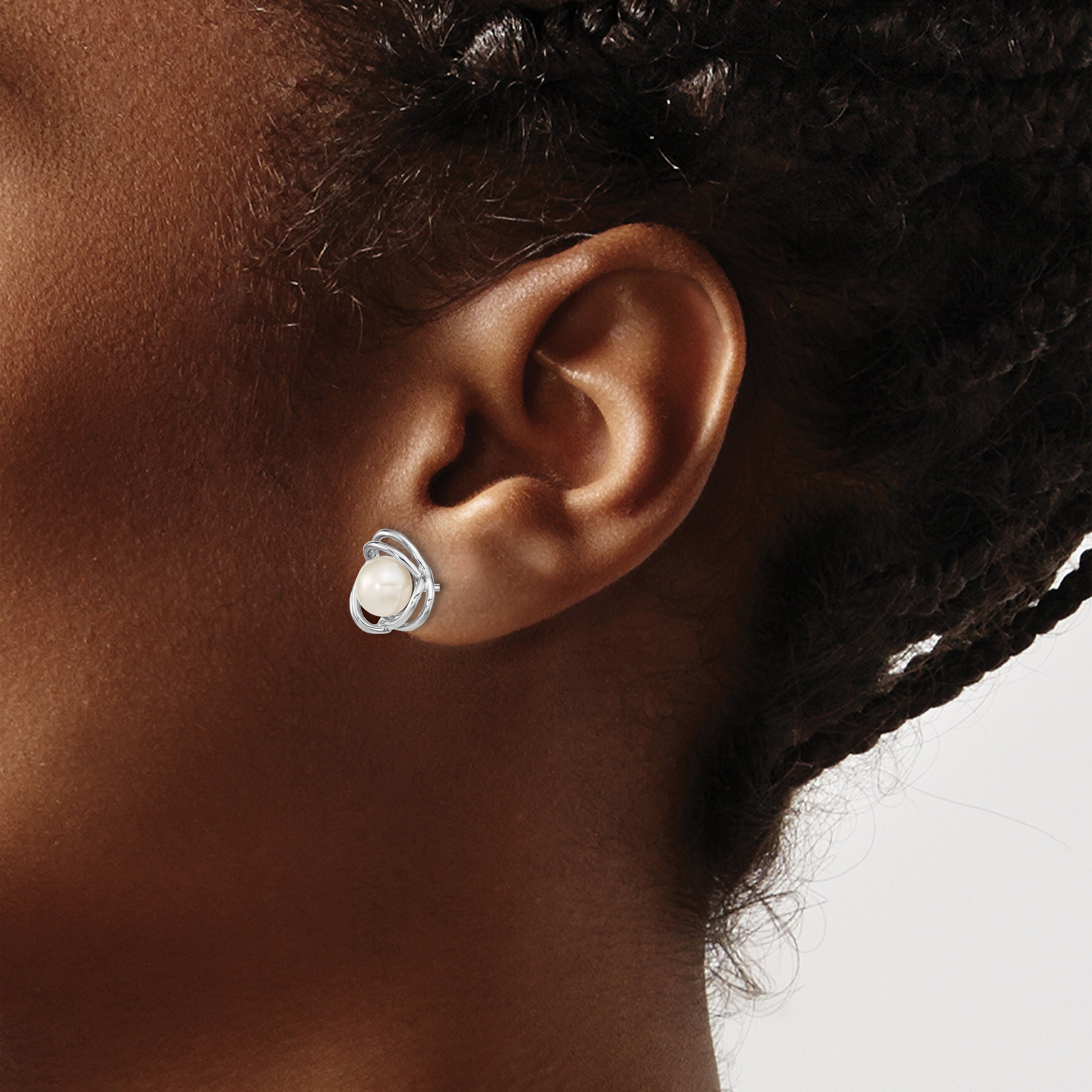 Sterling Silver Rhodium-plated 6-7mm White Button Freshwater Cultured Pearl Knot Post Earrings