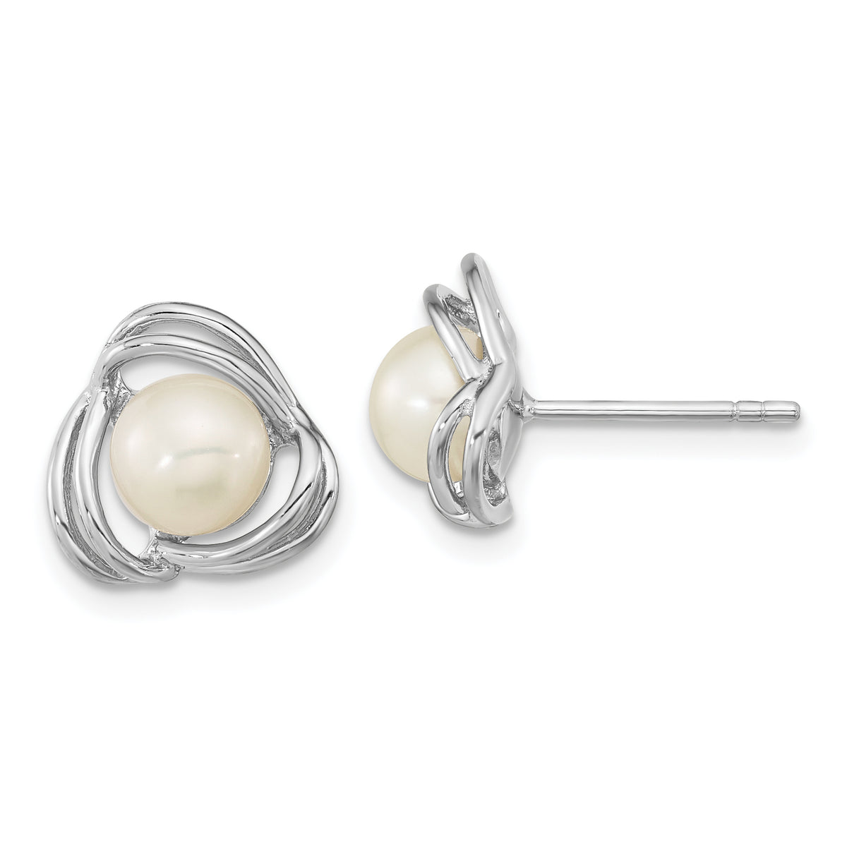 Sterling Silver Rhodium-plated 6-7mm White Button Freshwater Cultured Pearl Knot Post Earrings
