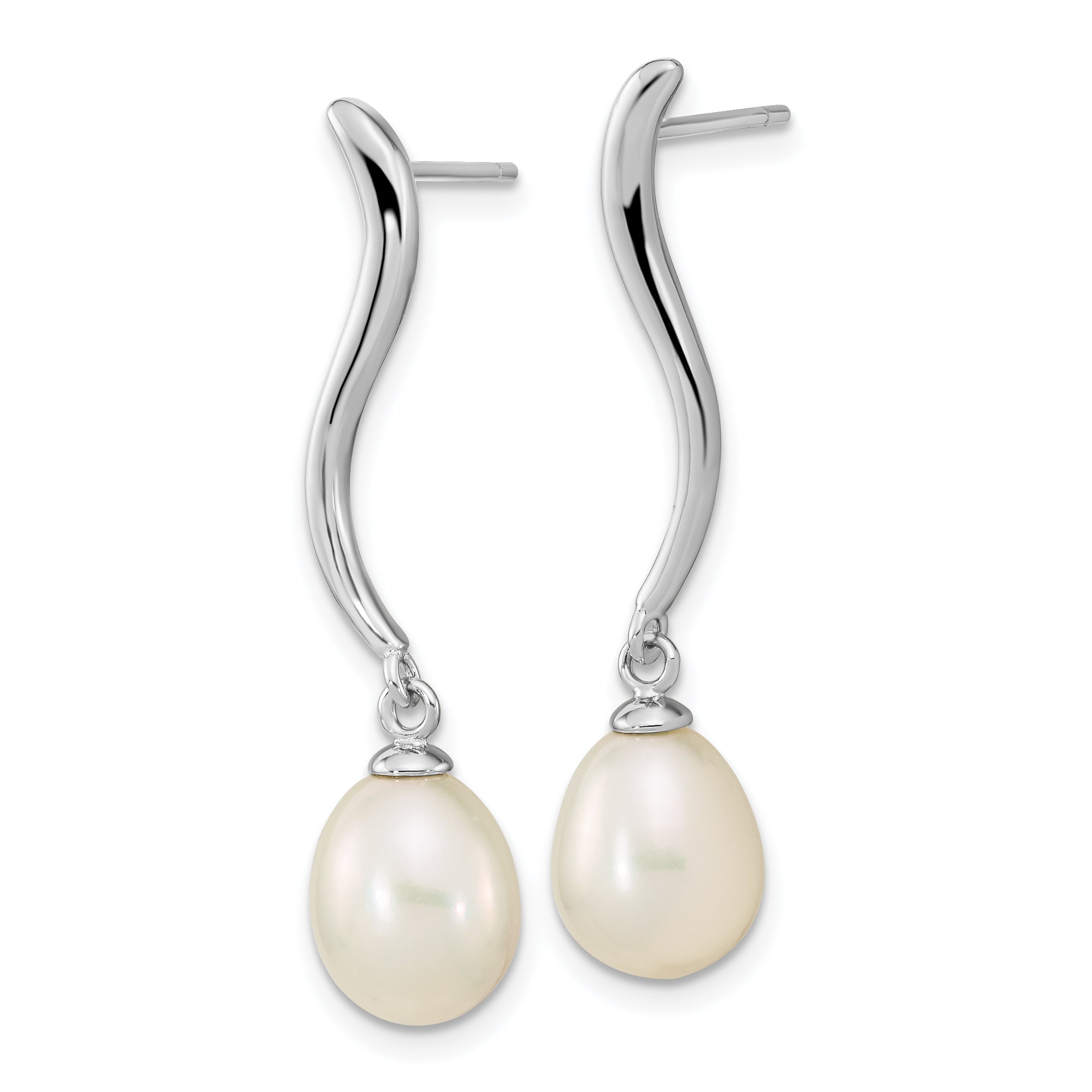 Sterling Silver Rhodium-plated 7-9mm White Teardrop Freshwater Cultured Pearl Post Dangle Earrings Secondary image