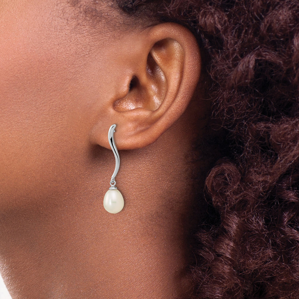 Sterling Silver Rhodium-plated 7-9mm White Teardrop Freshwater Cultured Pearl Post Dangle Earrings