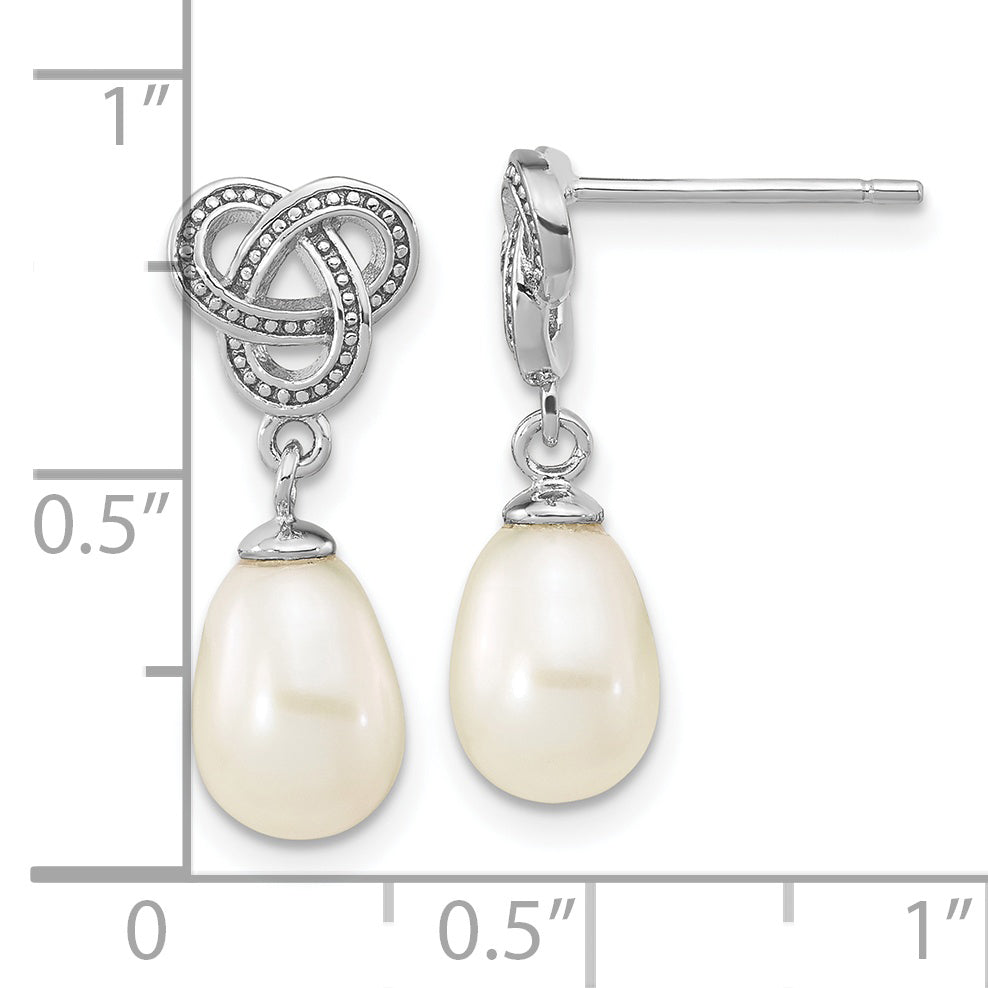 Sterling Silver Rhodium-plated 6-7mm White Rice Freshwater Cultured Pearl Knot Post Dangle Earrings