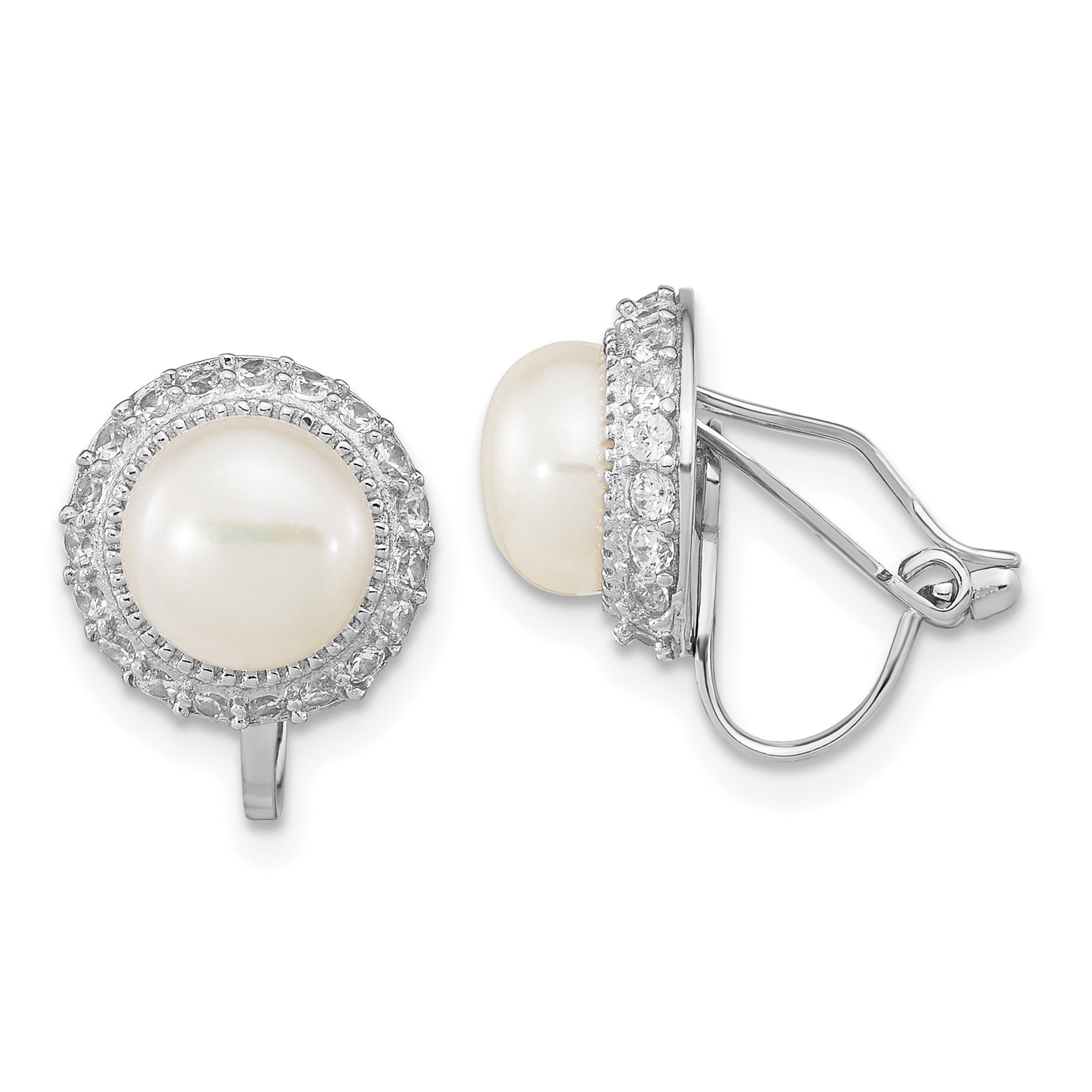 Sterling Silver Rhodium-plated 7-8mm White Button Freshwater Cultured Pearl Non-pierced Earrings Main image