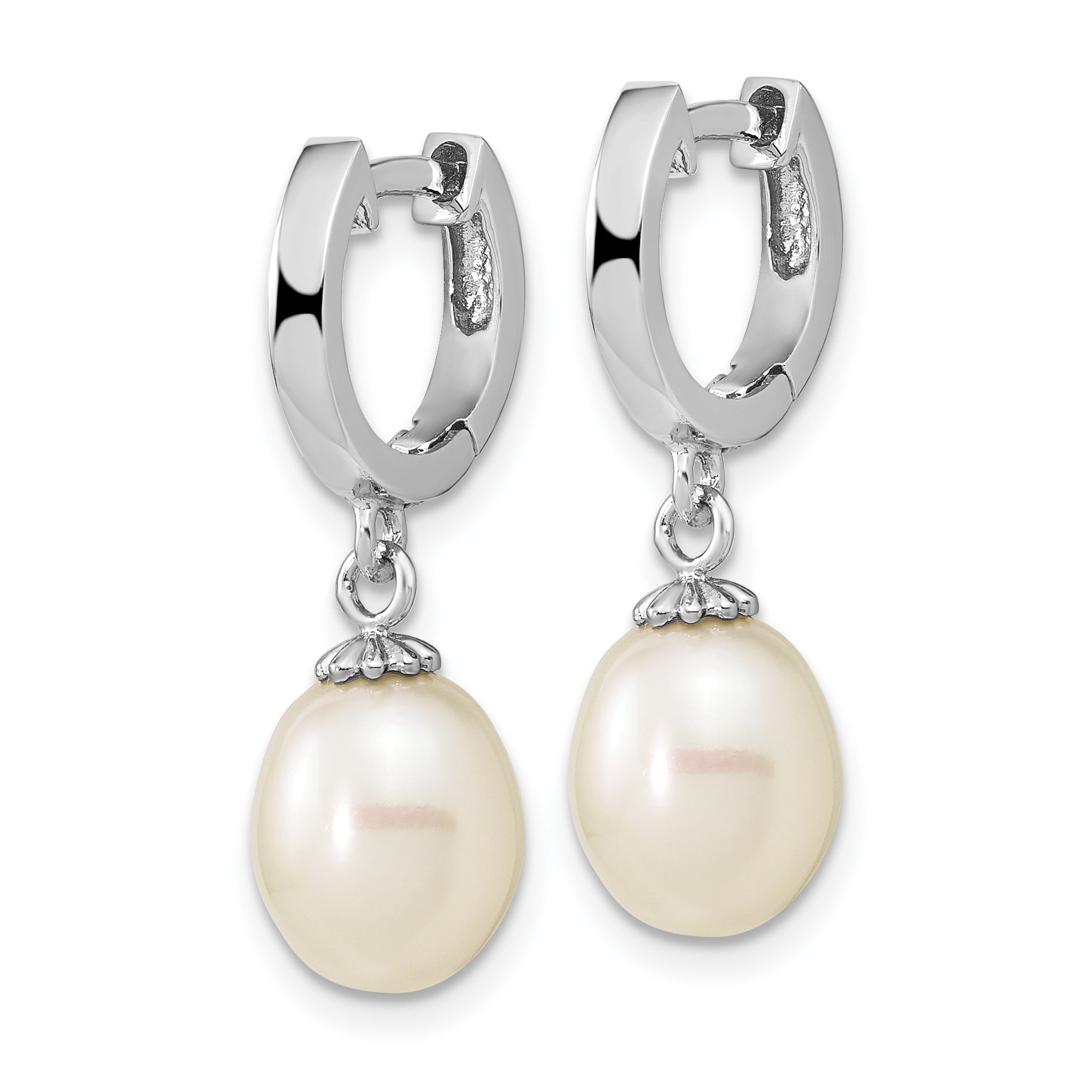 Sterling Silver Rhodium-plated 8-9mm White Teardrop Freshwater Cultured Pearl Dangle Hoop Earrings