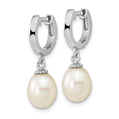 Sterling Silver Rhodium-plated 8-9mm White Teardrop Freshwater Cultured Pearl Dangle Hoop Earrings