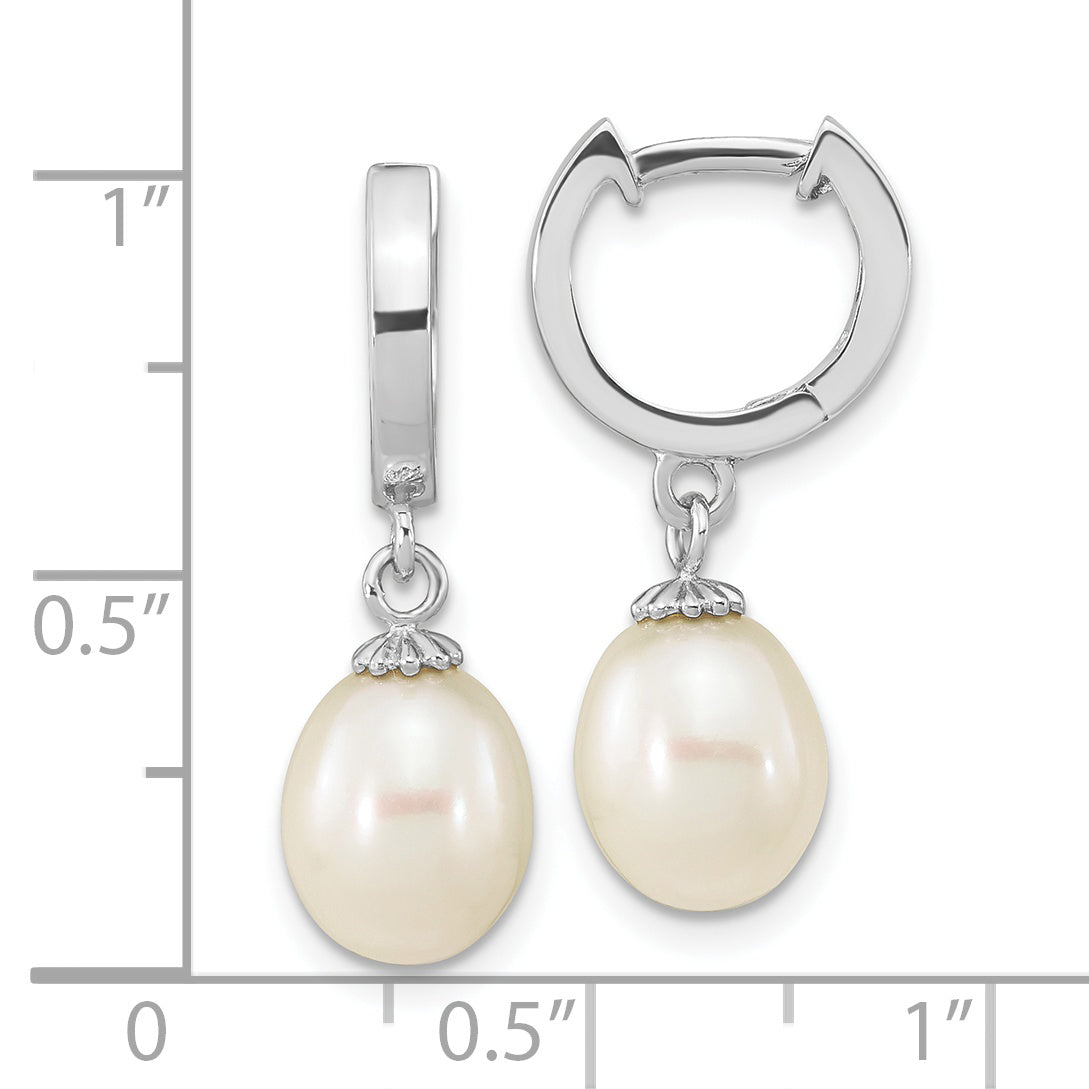 Sterling Silver Rhodium-plated 8-9mm White Teardrop Freshwater Cultured Pearl Dangle Hoop Earrings
