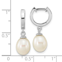 Sterling Silver Rhodium-plated 8-9mm White Teardrop Freshwater Cultured Pearl Dangle Hoop Earrings