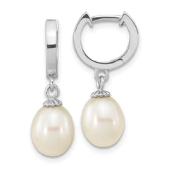 Sterling Silver Rhodium-plated 8-9mm White Teardrop Freshwater Cultured Pearl Dangle Hoop Earrings