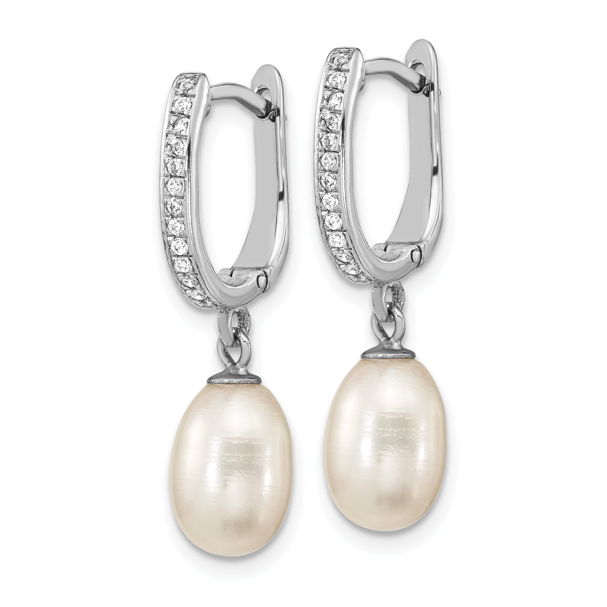 Sterling Silver Rhodium-plated 7-8mm White Rice Freshwater Cultured Pearl and CZ Hoop Dangle Earring