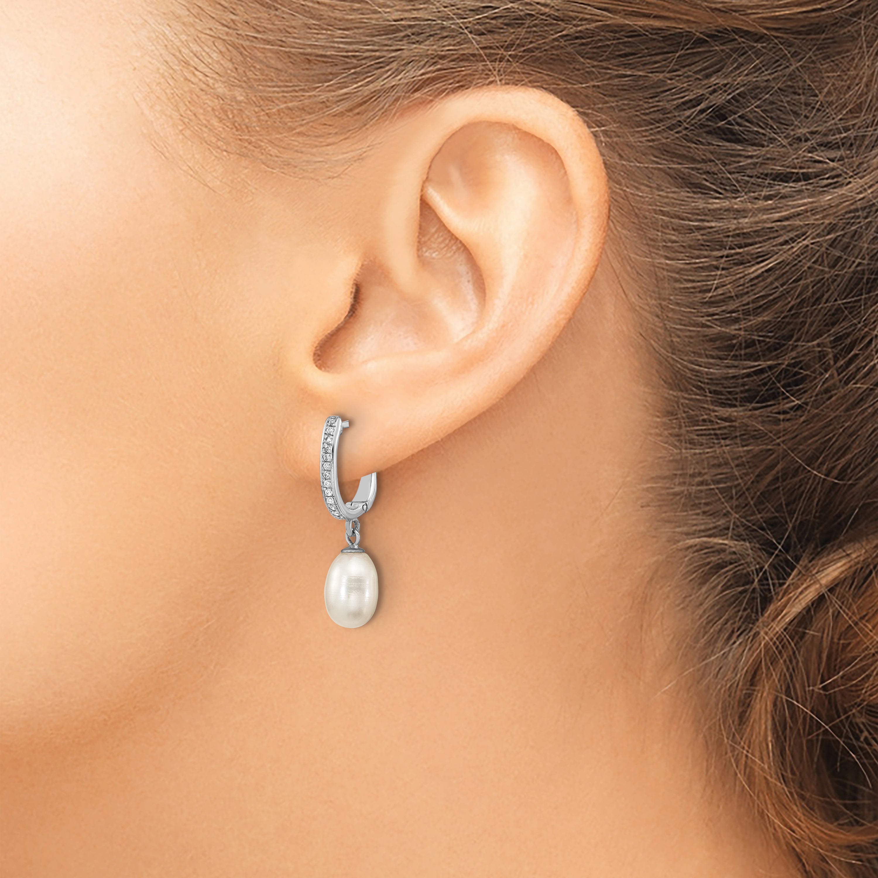Sterling Silver Rhodium-plated 7-8mm White Rice Freshwater Cultured Pearl and CZ Hoop Dangle Earring
