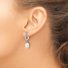 Sterling Silver Rhodium-plated 7-8mm White Rice Freshwater Cultured Pearl and CZ Hoop Dangle Earring
