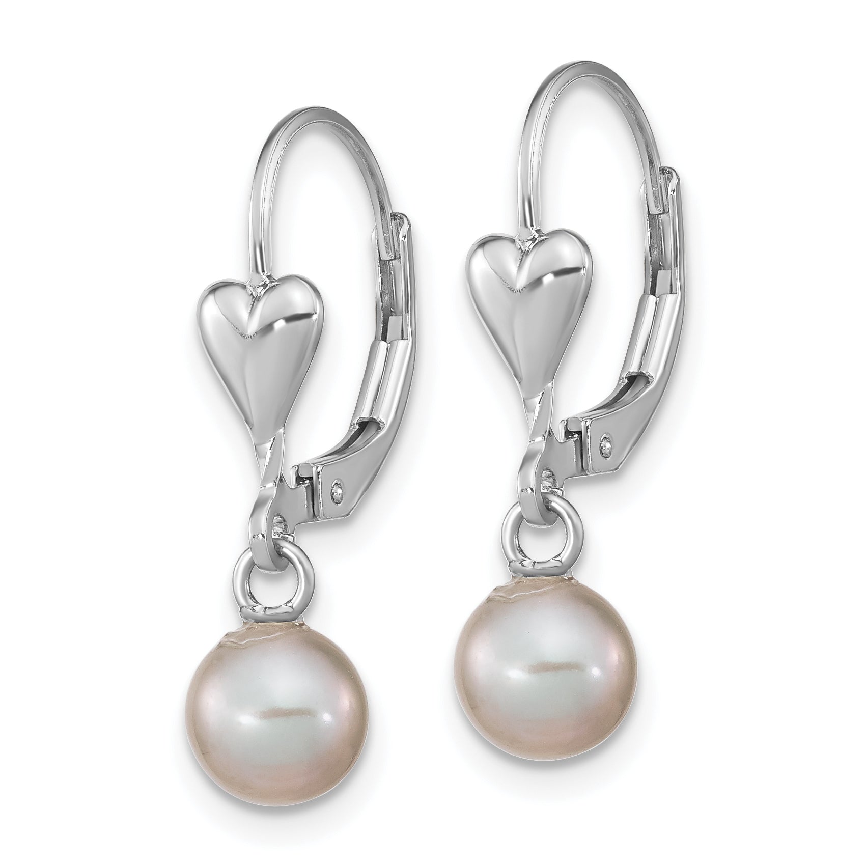 Sterling Silver Rhodium-plated 6-7mm Grey Round Freshwater Cultured Pearl Heart Leverback Dangle Earrings Secondary image
