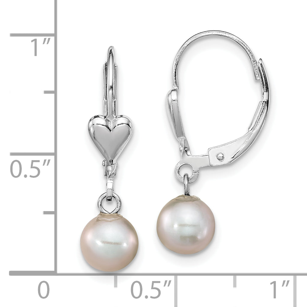 Sterling Silver Rhodium-plated 6-7mm Grey Round Freshwater Cultured Pearl Heart Leverback Dangle Earrings