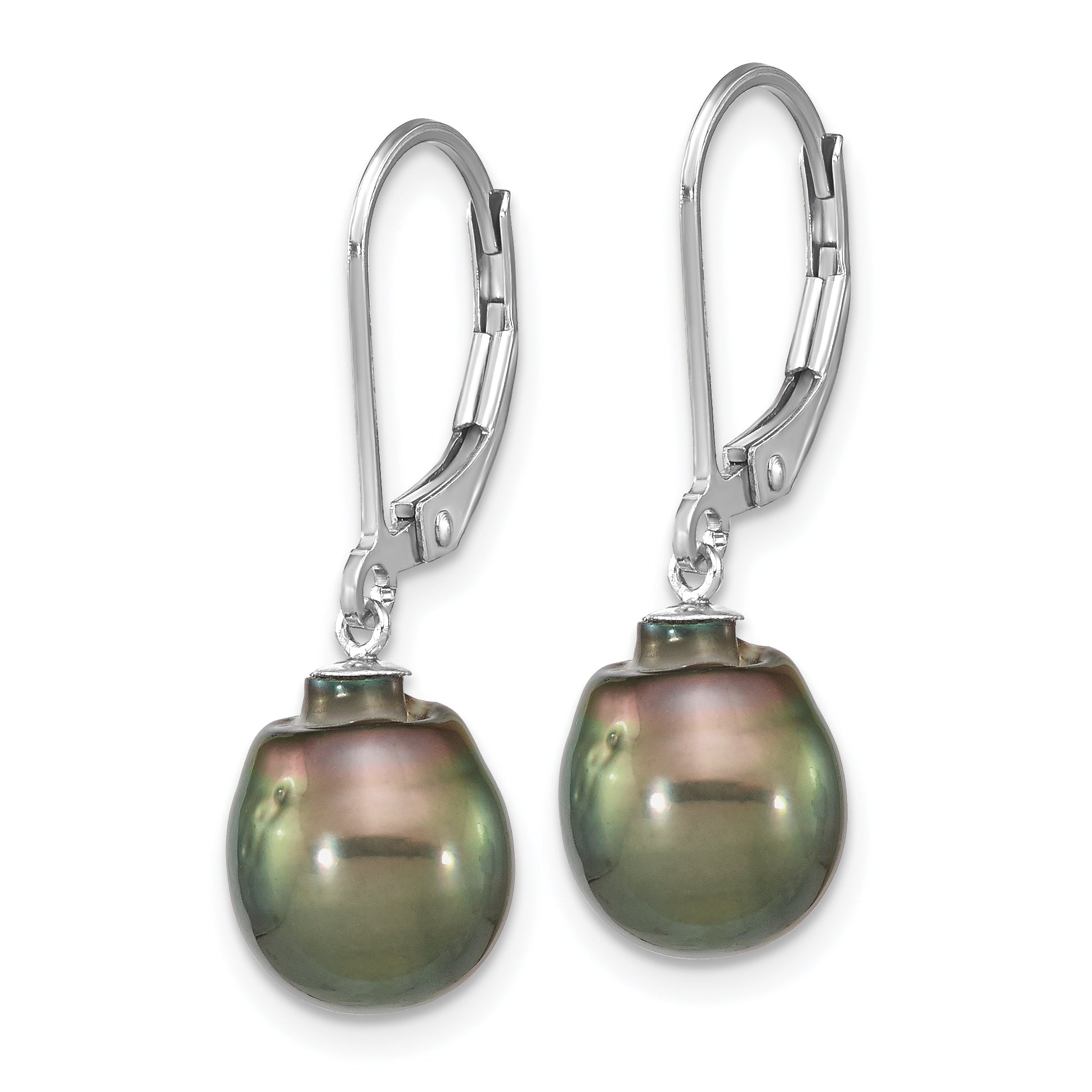 Sterling Silver Rhodium-plated 9-10mm Black Teardrop Tahitian Saltwater Cultured Pearl Dangle Leverback Earrings