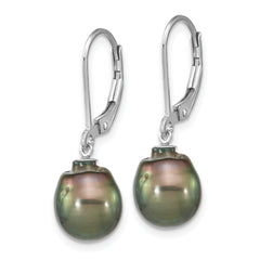 Sterling Silver Rhodium-plated 9-10mm Black Teardrop Tahitian Saltwater Cultured Pearl Dangle Leverback Earrings