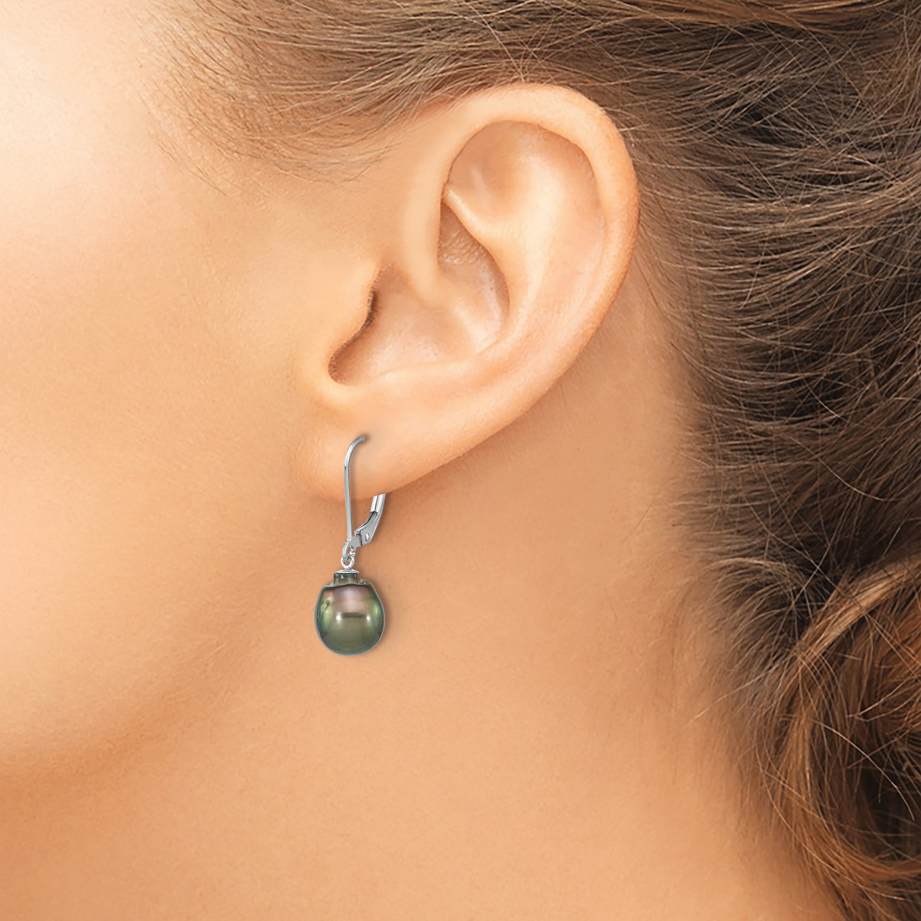 Sterling Silver Rhodium-plated 9-10mm Black Teardrop Tahitian Saltwater Cultured Pearl Dangle Leverback Earrings