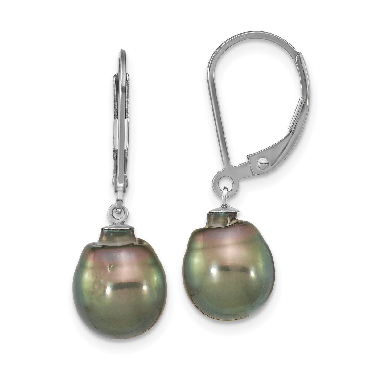 Sterling Silver Rhodium-plated 9-10mm Black Teardrop Tahitian Saltwater Cultured Pearl Dangle Leverback Earrings