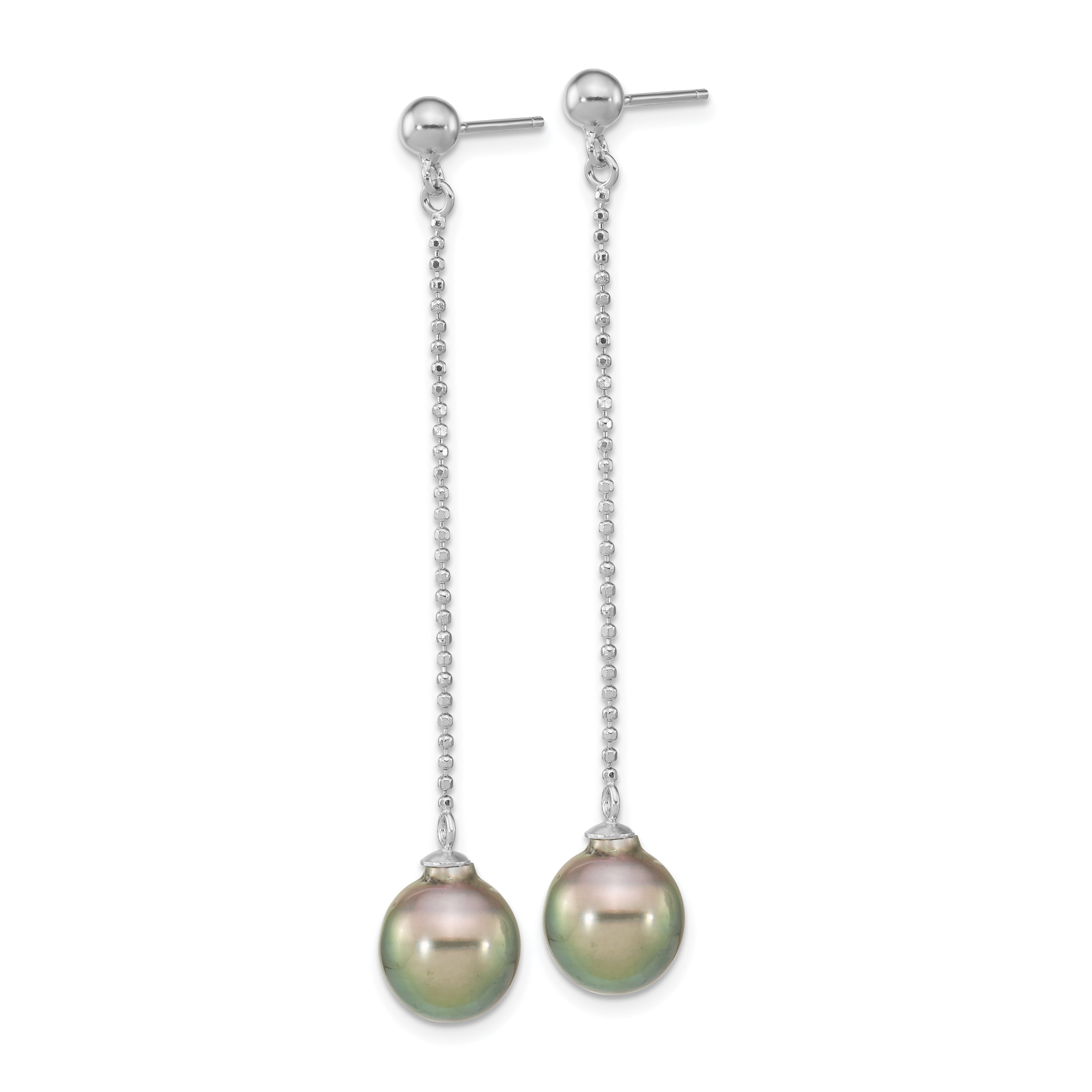 Sterling Silver Rhodium-plated 9-10mm Black Teardrop Tahitian Saltwater Cultured Pearl Post Dangle Earrings Secondary image