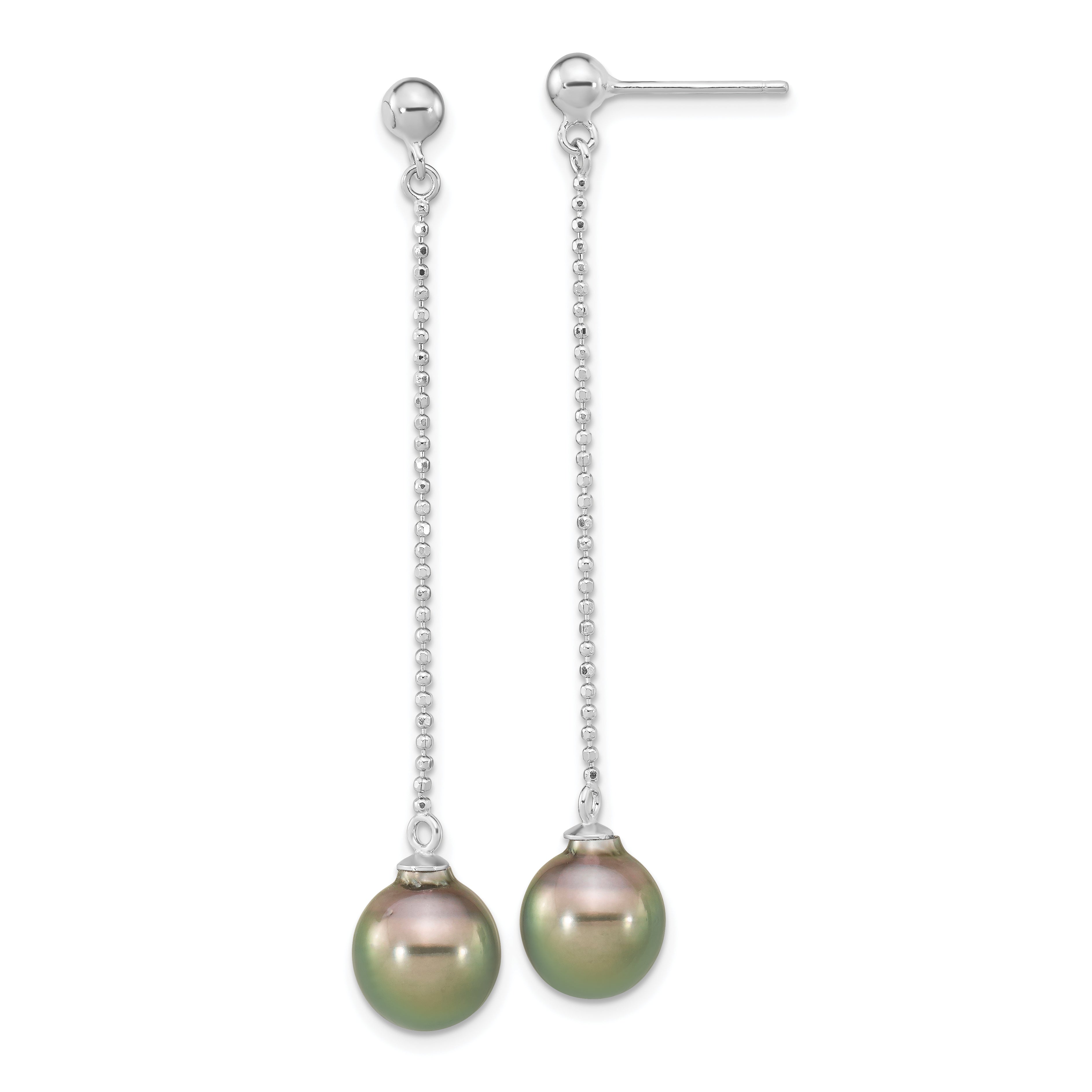 Sterling Silver Rhodium-plated 9-10mm Black Teardrop Tahitian Saltwater Cultured Pearl Post Dangle Earrings Main image
