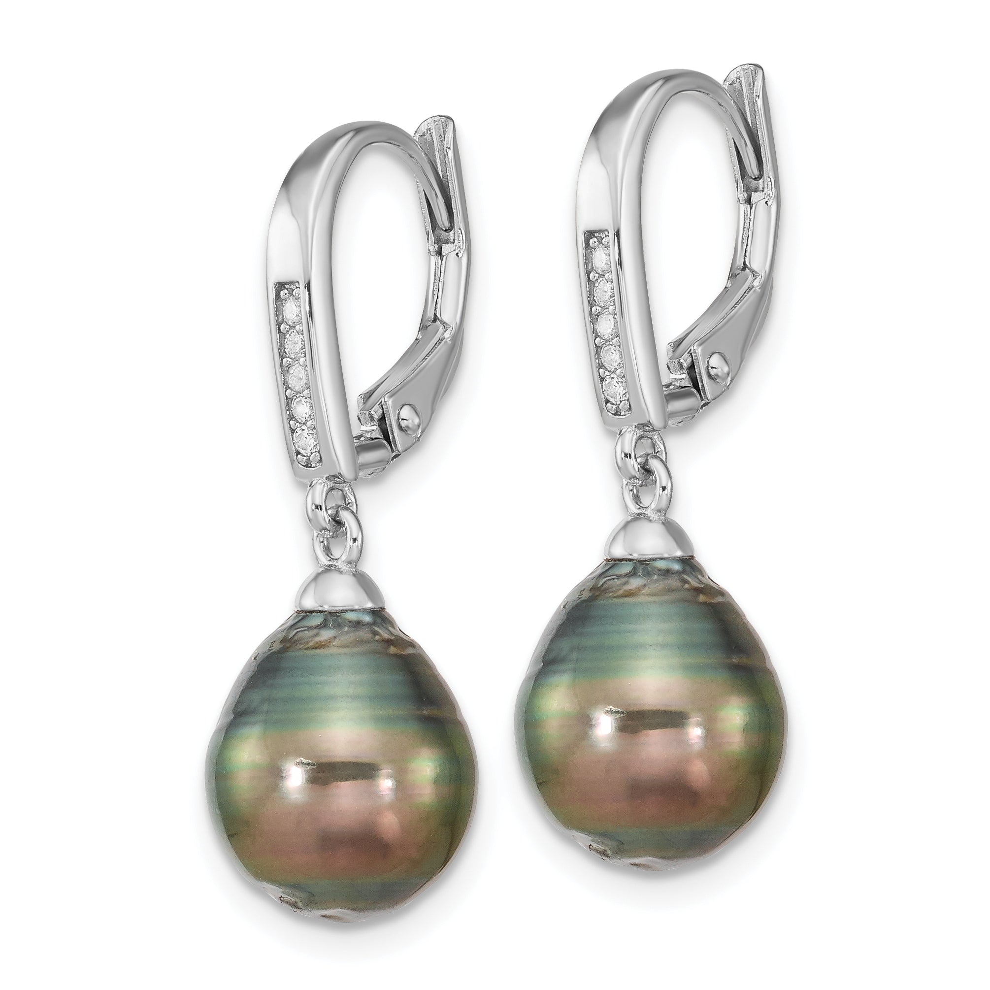 Sterling Silver Rhodium-plated 9-10mm Black Teardrop Tahitian Saltwater Cultured Pearl and CZ Dangle Leverback Earrings Secondary image