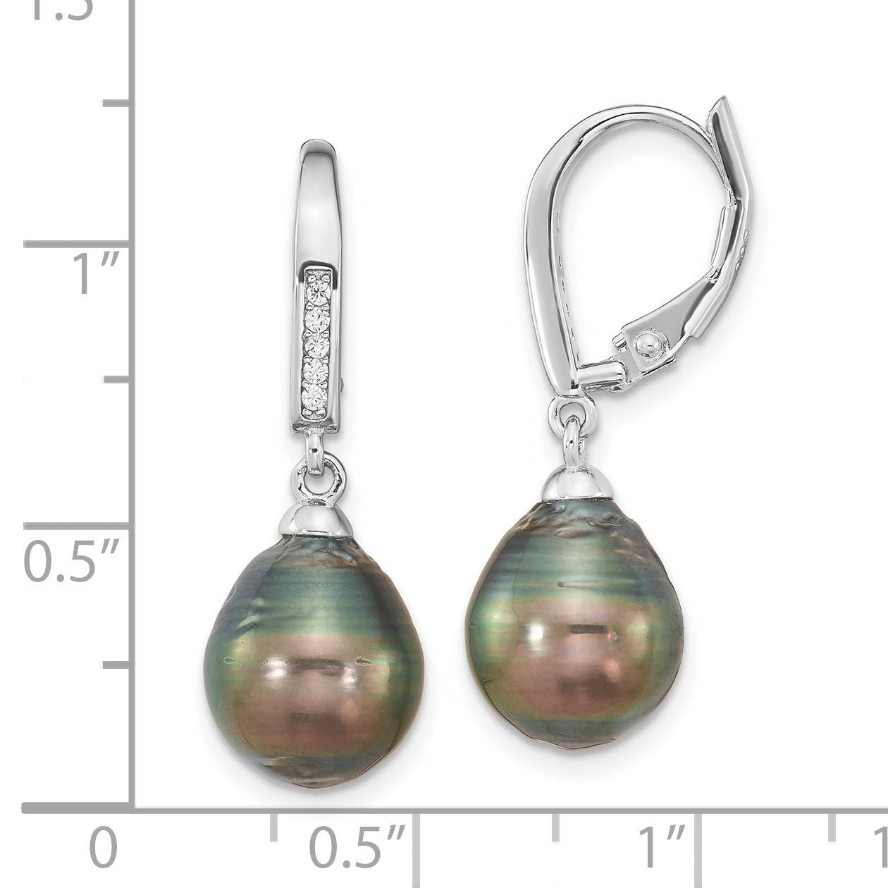 Sterling Silver Rhodium-plated 9-10mm Black Teardrop Tahitian Saltwater Cultured Pearl and CZ Dangle Leverback Earrings