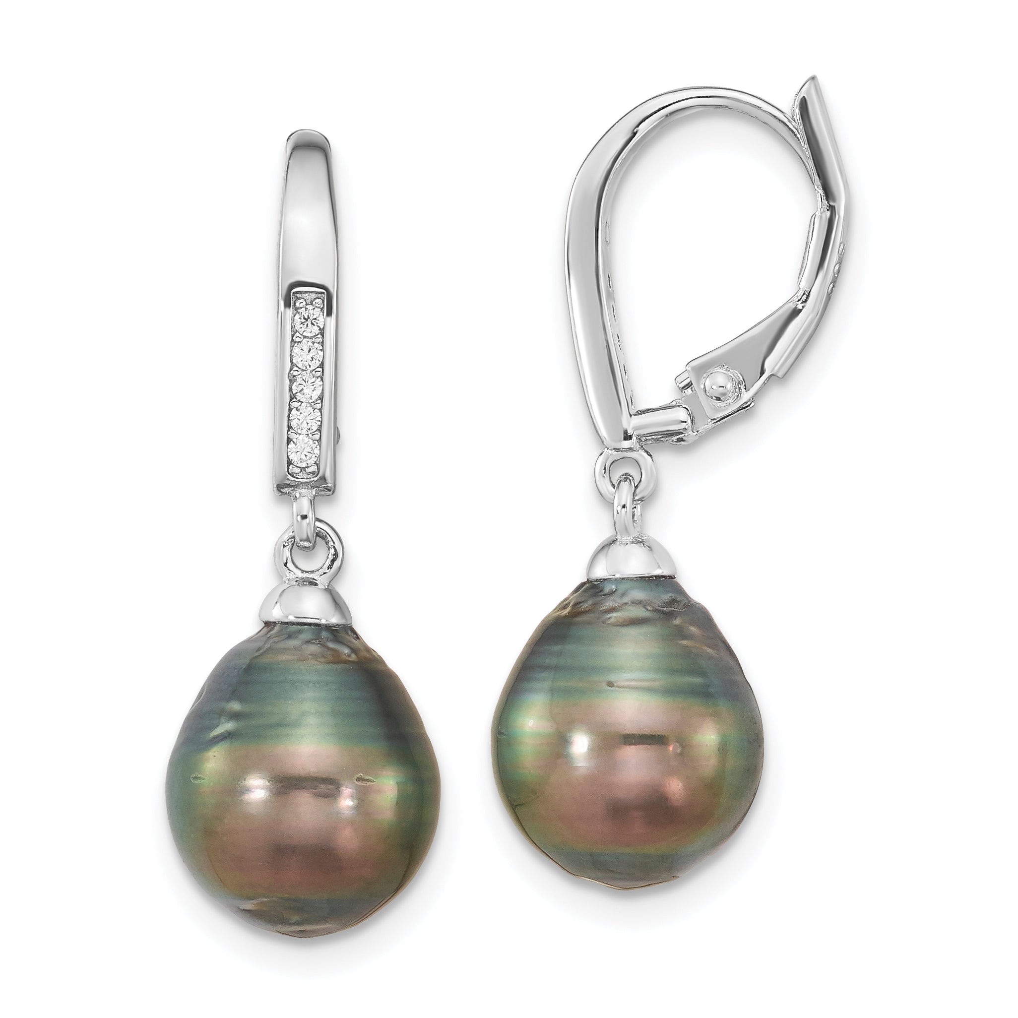 Sterling Silver Rhodium-plated 9-10mm Black Teardrop Tahitian Saltwater Cultured Pearl and CZ Dangle Leverback Earrings Main image