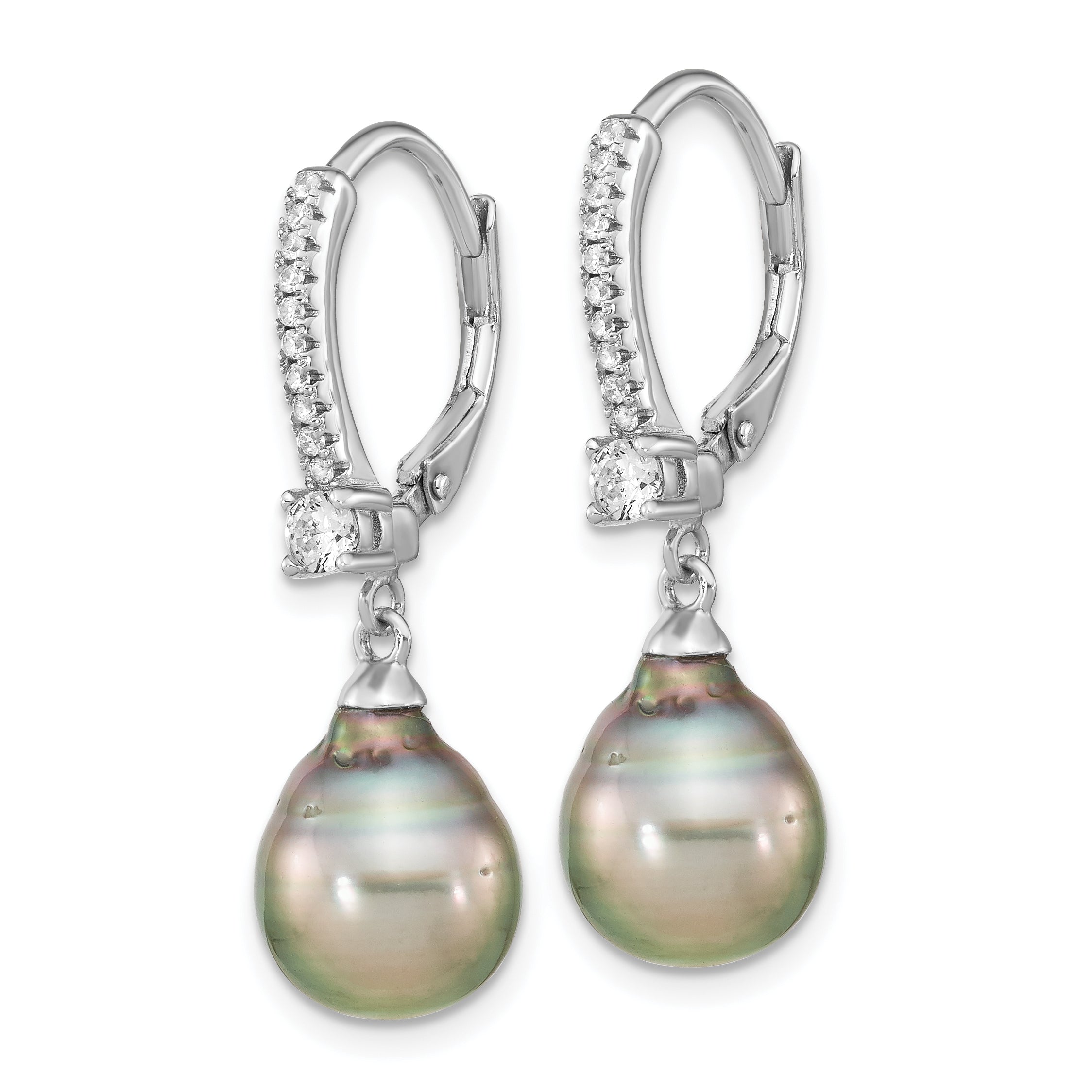 Sterling Silver Rhodium-plated 9-10mm Black Teardrop Tahitian Saltwater Cultured Pearl and CZ Dangle Leverback Earrings Secondary image