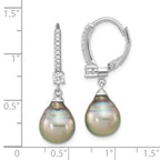 Sterling Silver Rhodium-plated 9-10mm Black Teardrop Tahitian Saltwater Cultured Pearl and CZ Dangle Leverback Earrings