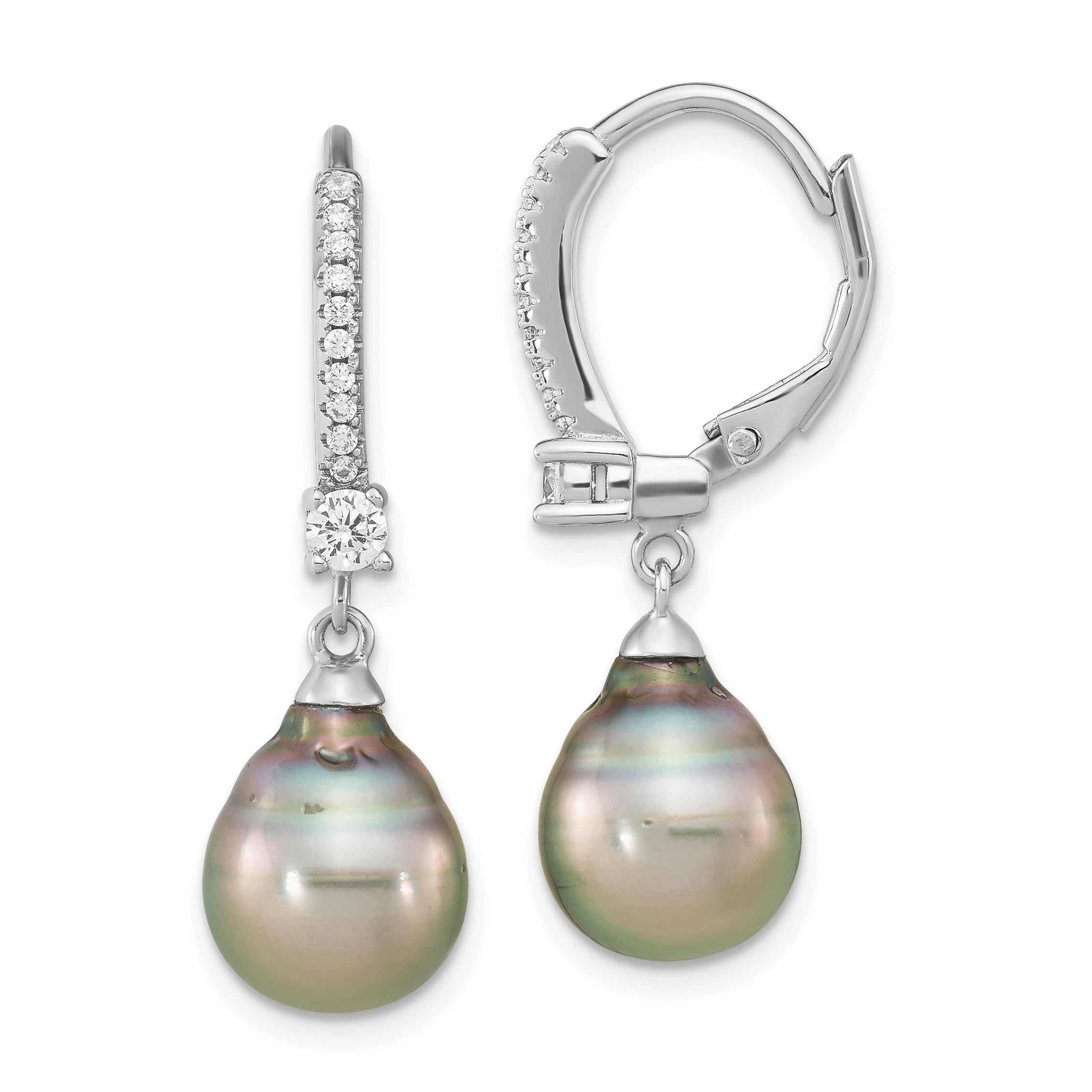 Sterling Silver Rhodium-plated 9-10mm Black Teardrop Tahitian Saltwater Cultured Pearl and CZ Dangle Leverback Earrings Main image