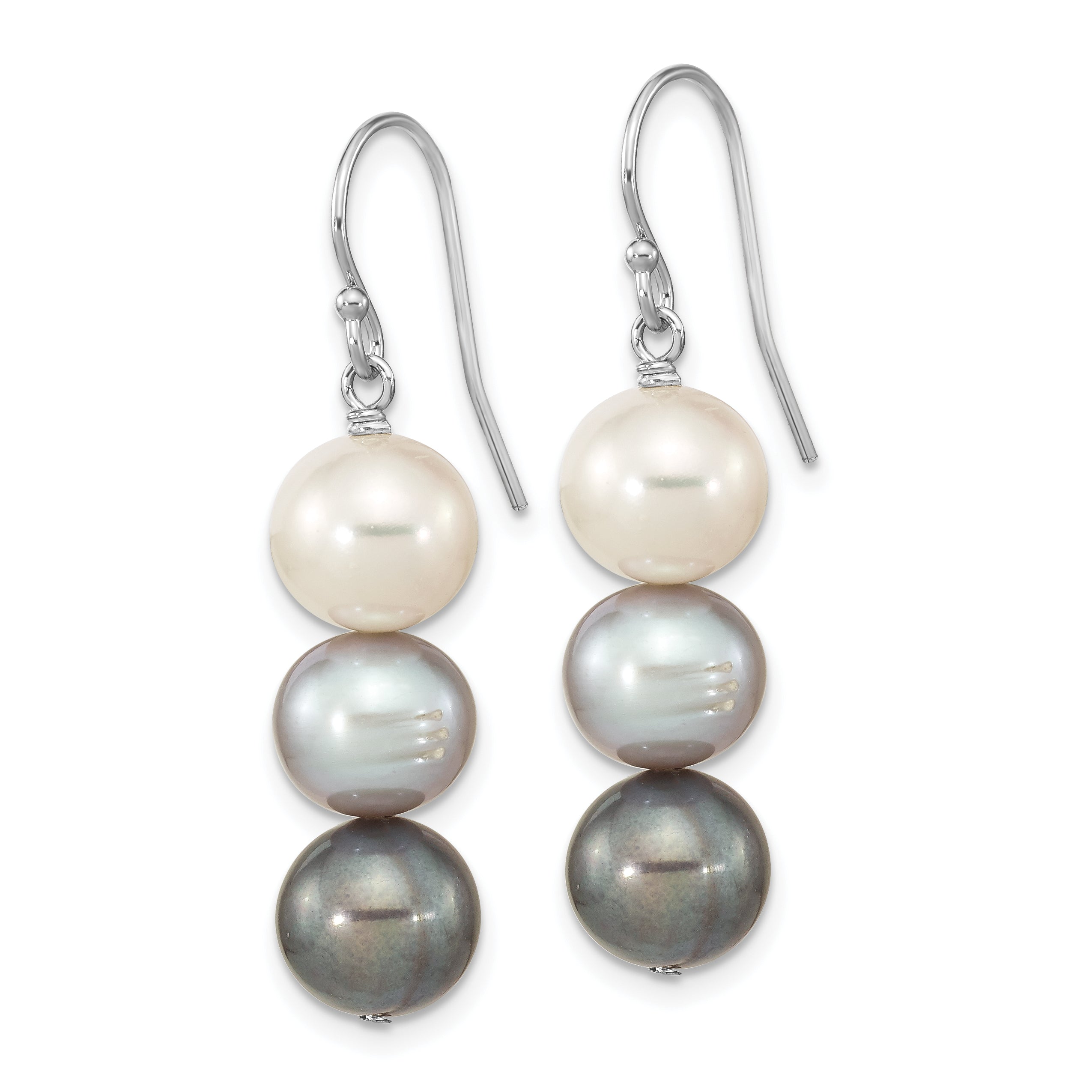 Sterling Silver Rhodium-plated 8-9mm Black, White and Grey Near-Round Freshwater Cultured Pearl Dangle Earrings Secondary image