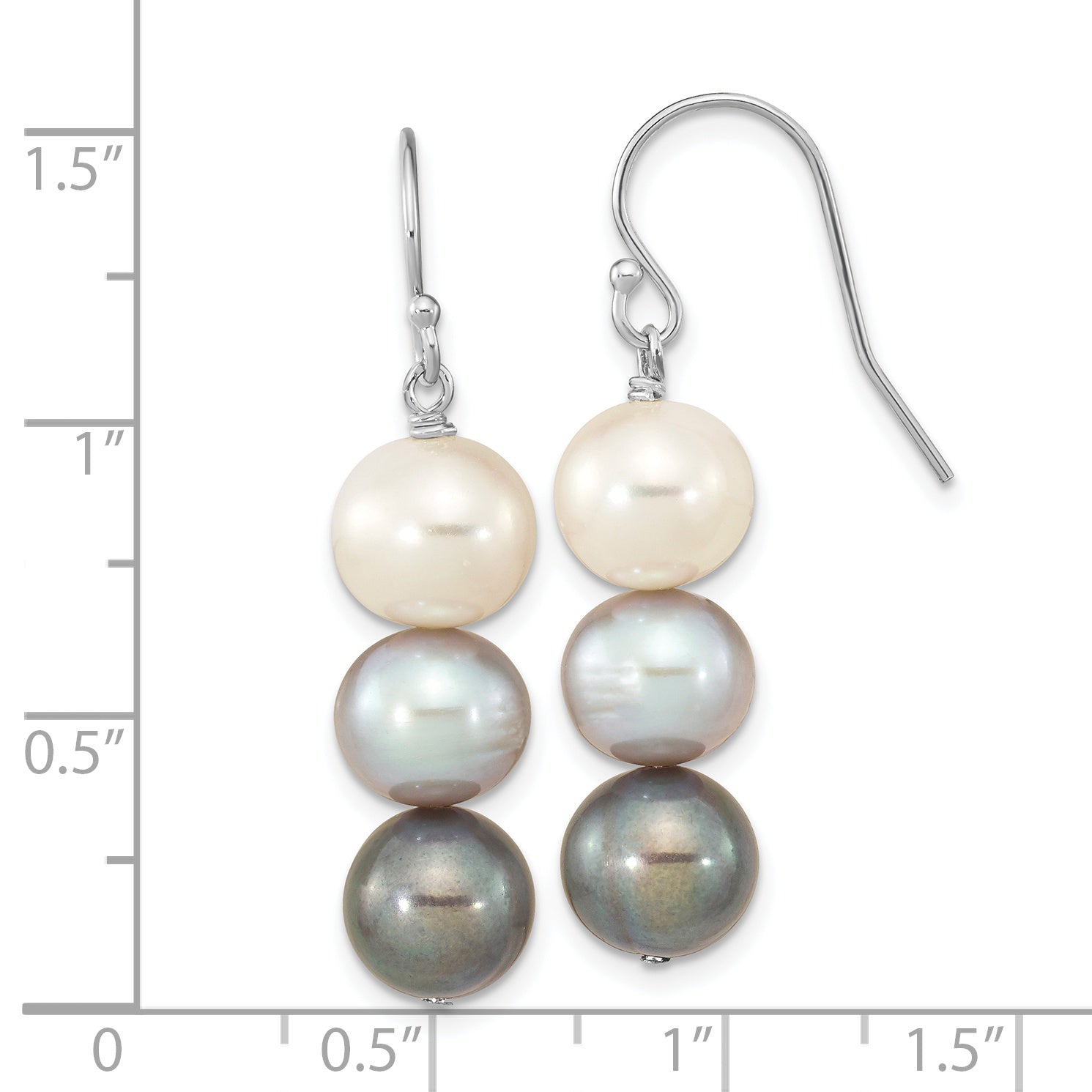 Sterling Silver Rhodium-plated 8-9mm Black, White and Grey Near-Round Freshwater Cultured Pearl Dangle Earrings