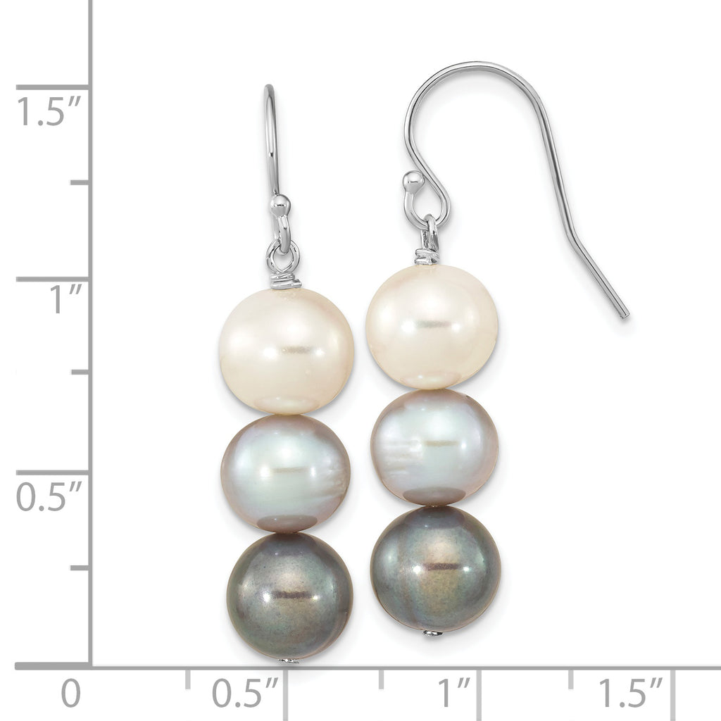 Sterling Silver Rhodium-plated 8-9mm Black, White and Grey Near-Round Freshwater Cultured Pearl Dangle Earrings