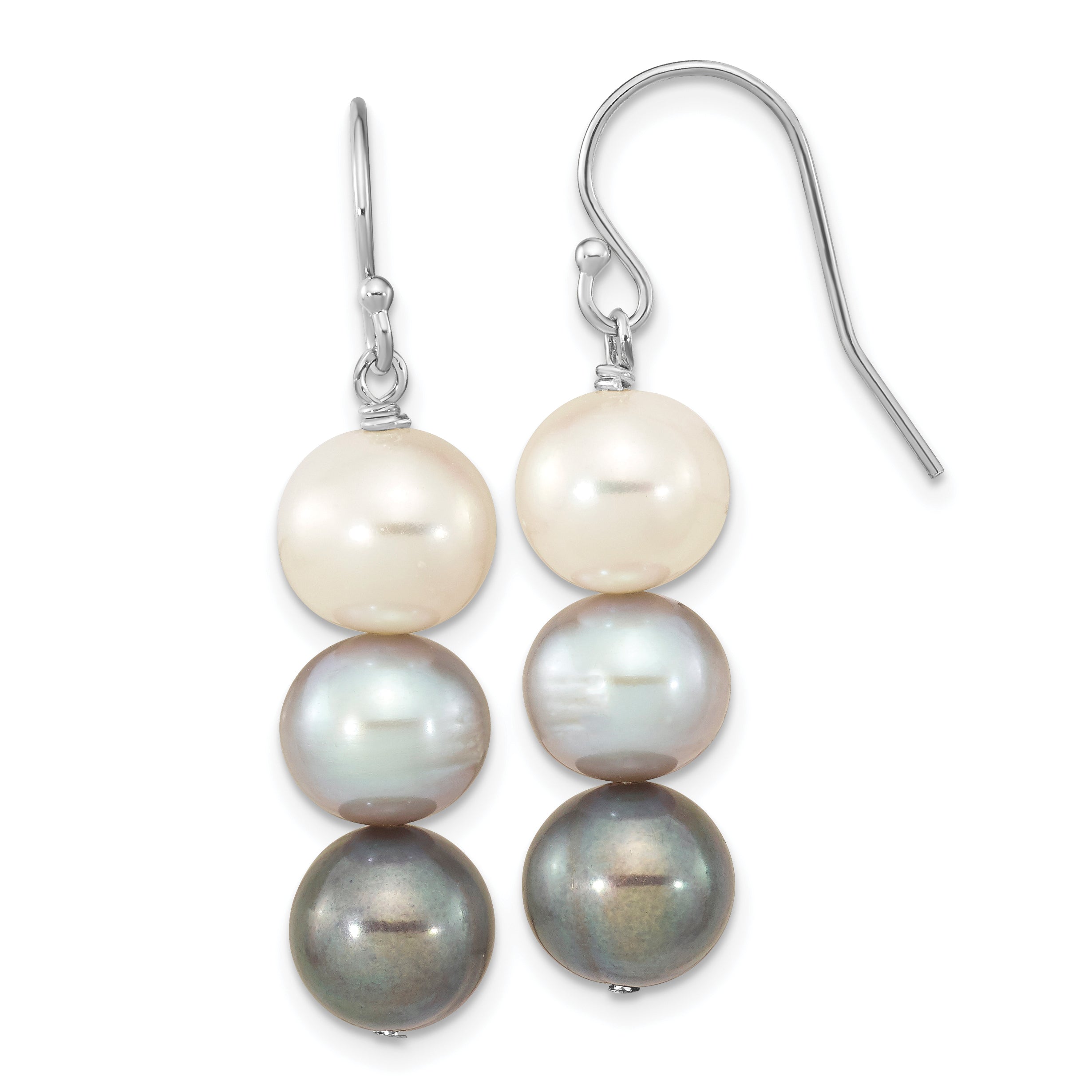 Sterling Silver Rhodium-plated 8-9mm Black, White and Grey Near-Round Freshwater Cultured Pearl Dangle Earrings Main image