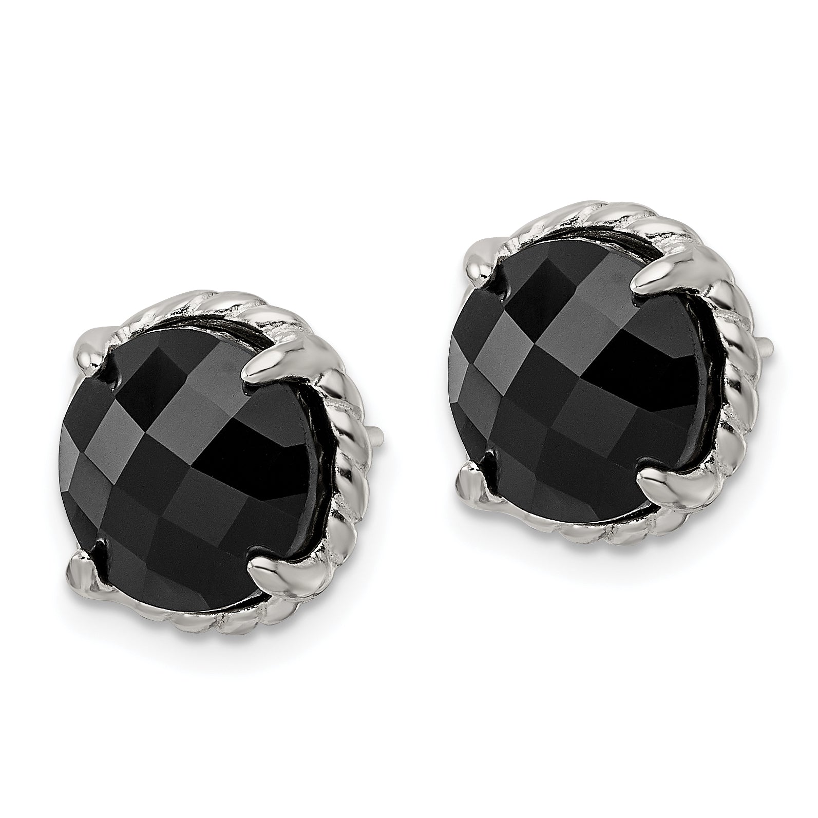 Sterling Silver Polished & Twisted Edge Round Onyx Post Earrings Secondary image