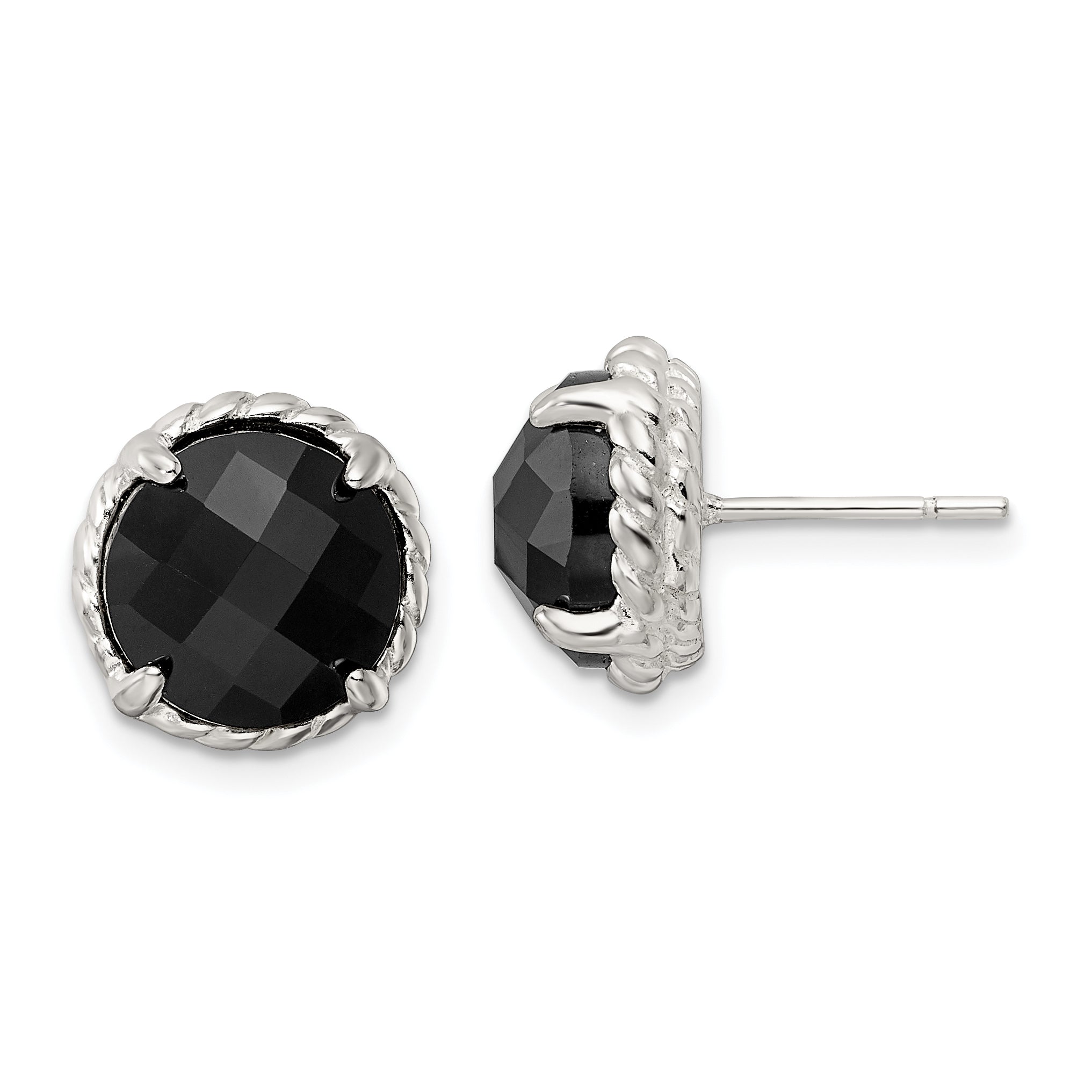 Sterling Silver Polished & Twisted Edge Round Onyx Post Earrings Main image