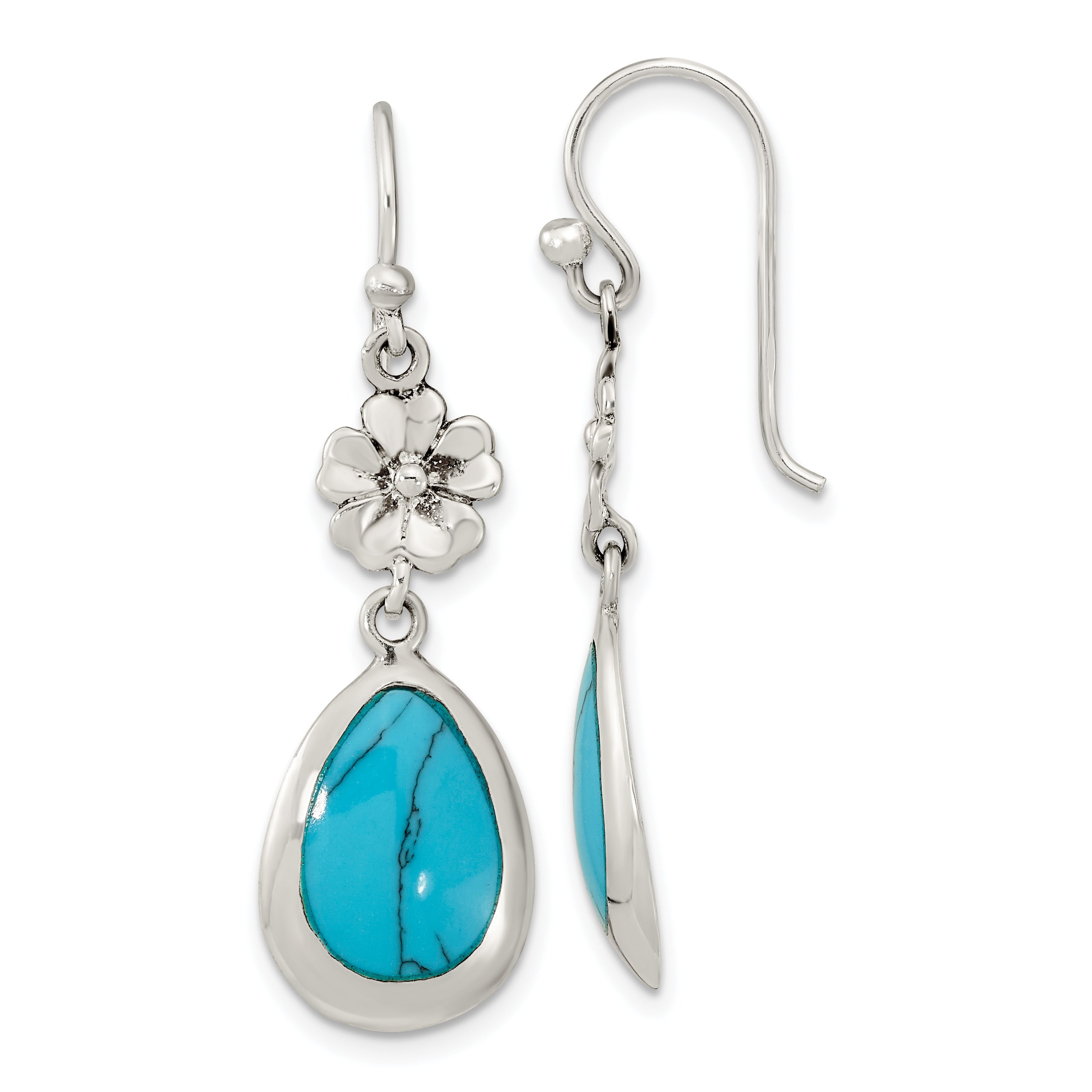 Sterling Silver Polished Recon. Turquoise Floral Teardrop Dangle Earrings Main image
