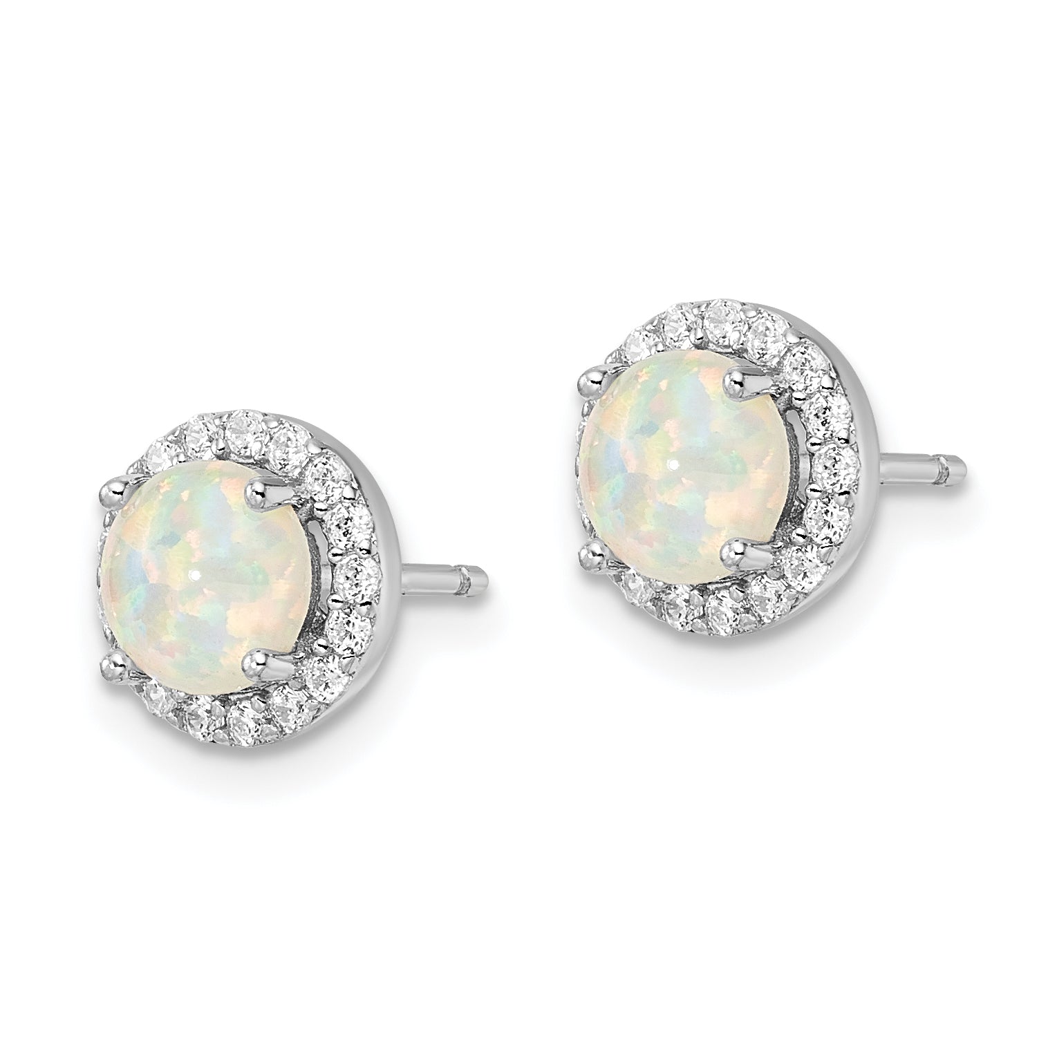 Sterling Silver RH-pltd Polished Created Opal/CZ Round Halo Post Earrings Secondary image