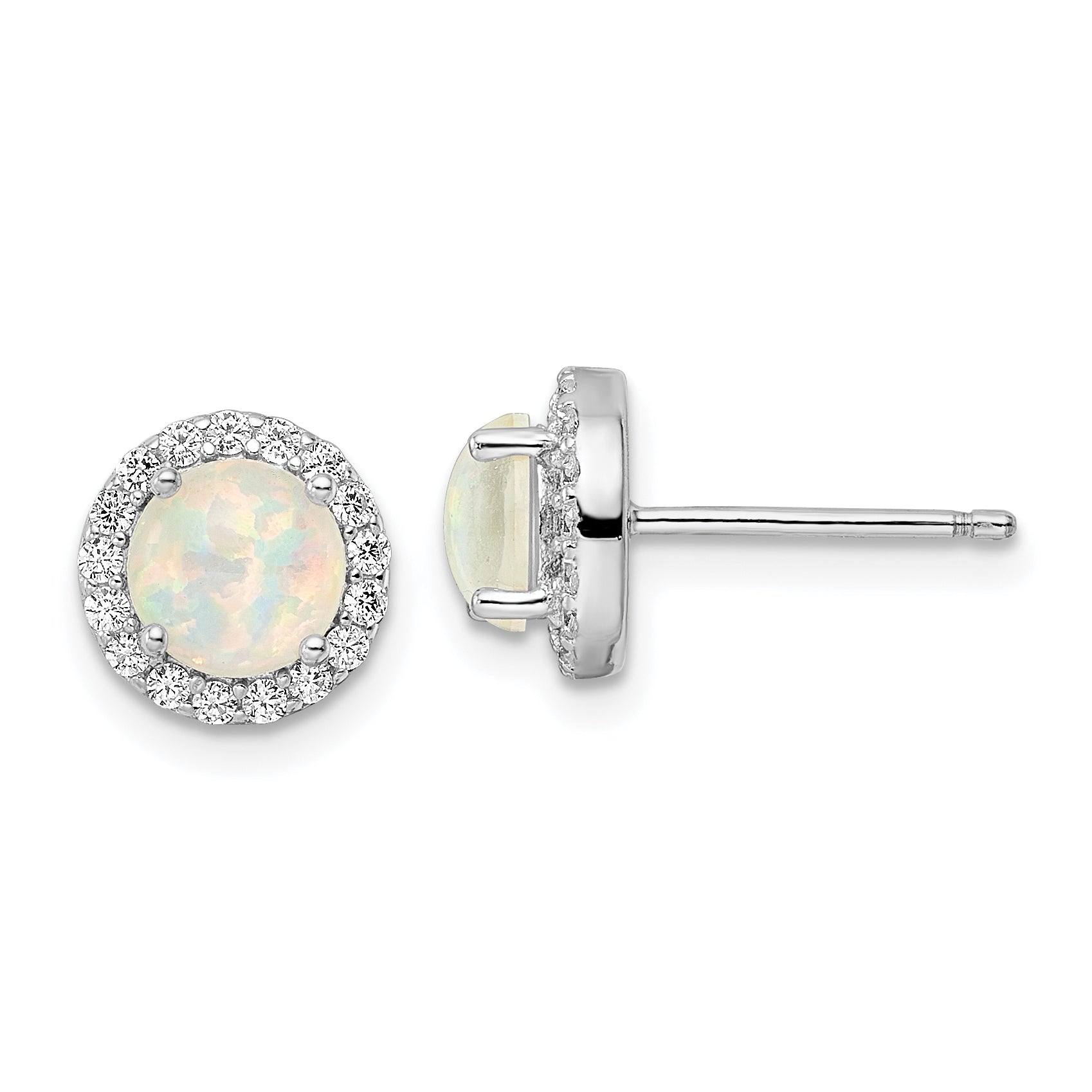 Sterling Silver RH-pltd Polished Created Opal/CZ Round Halo Post Earrings Main image