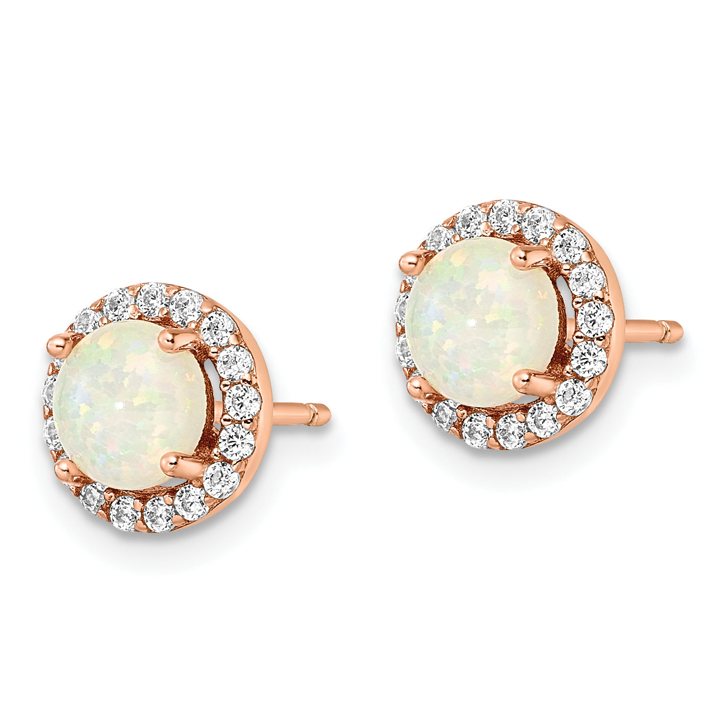 Sterling Silver Rose-tone Polished Created Opal & CZ Halo Post Earrings Secondary image