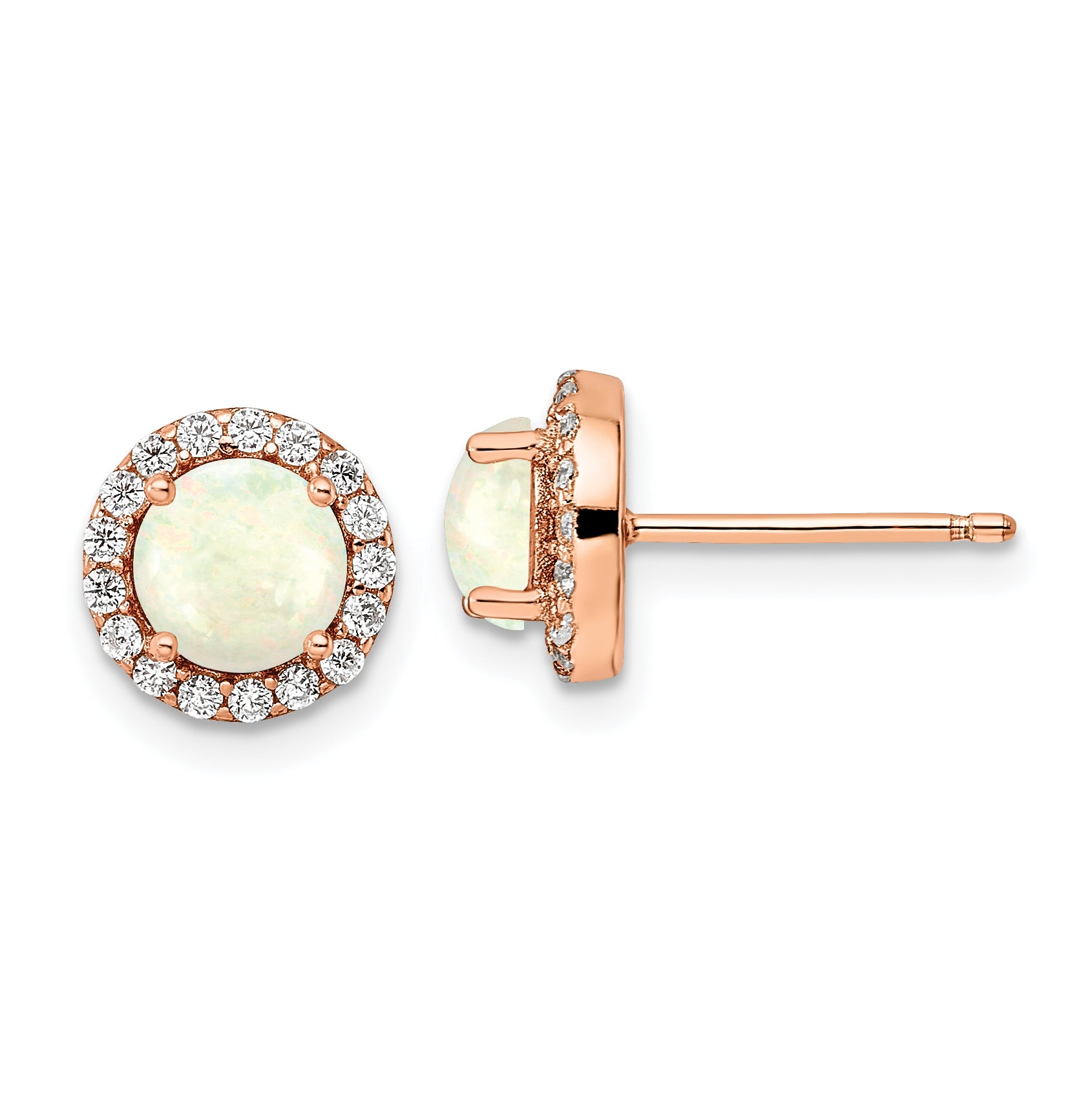 Sterling Silver Rose-tone Polished Created Opal & CZ Halo Post Earrings Main image