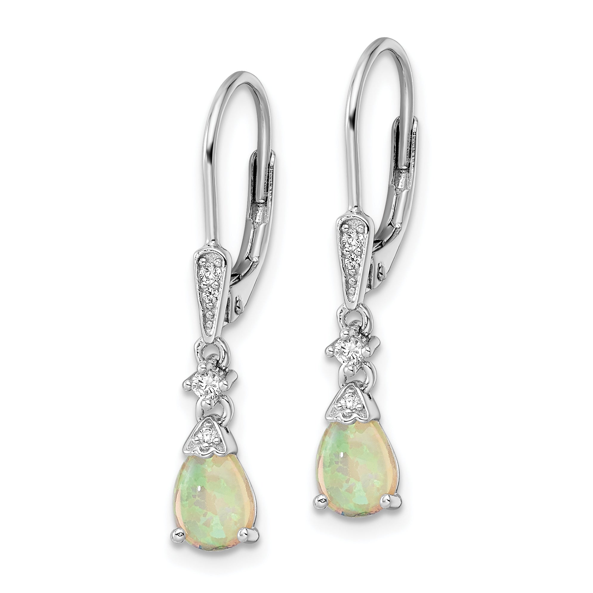 Sterling Silver RH-plated CZ & Created Opal Teardrop Leverback Earrings
