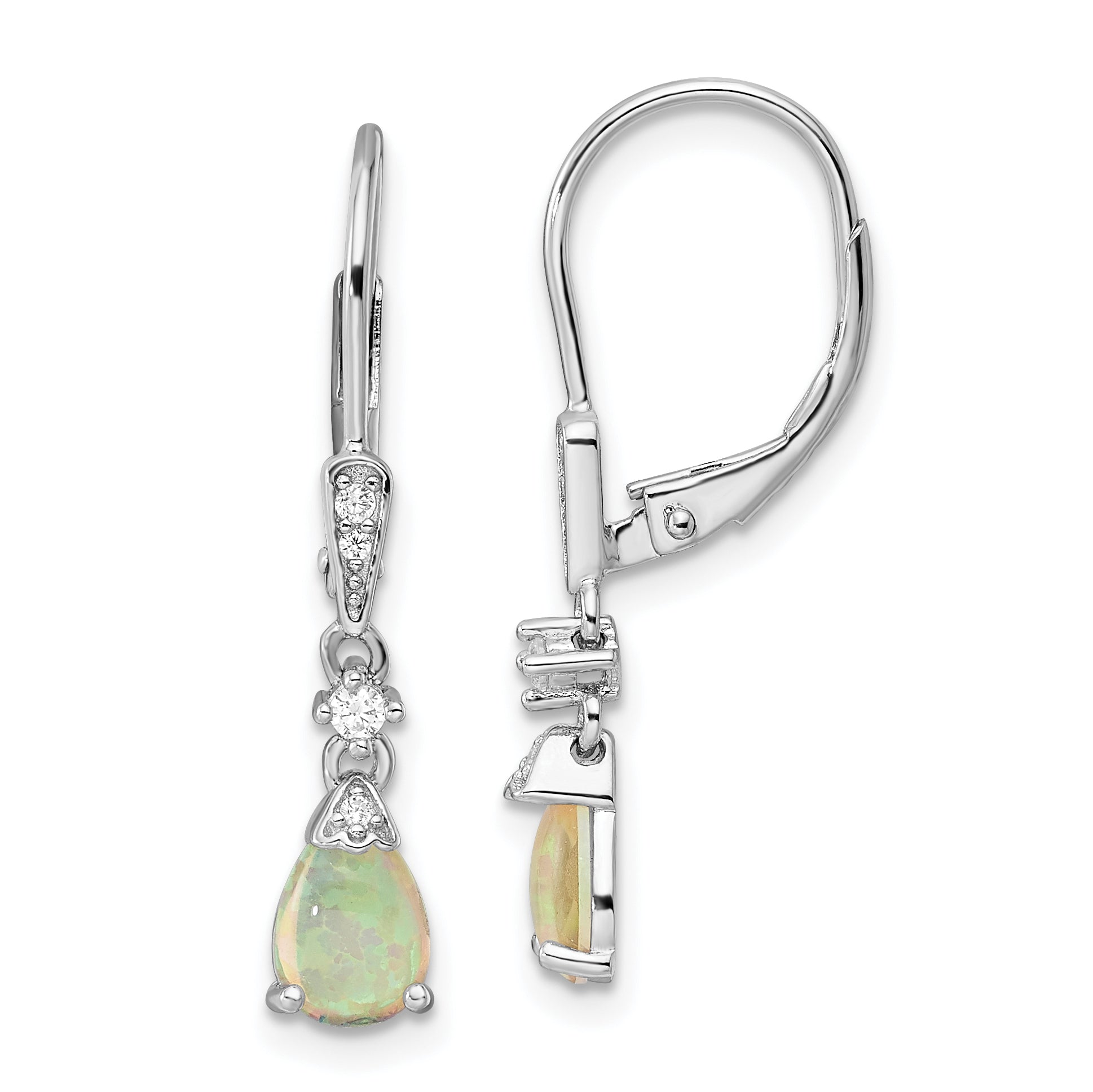 Sterling Silver RH-plated CZ & Created Opal Teardrop Leverback Earrings Main image