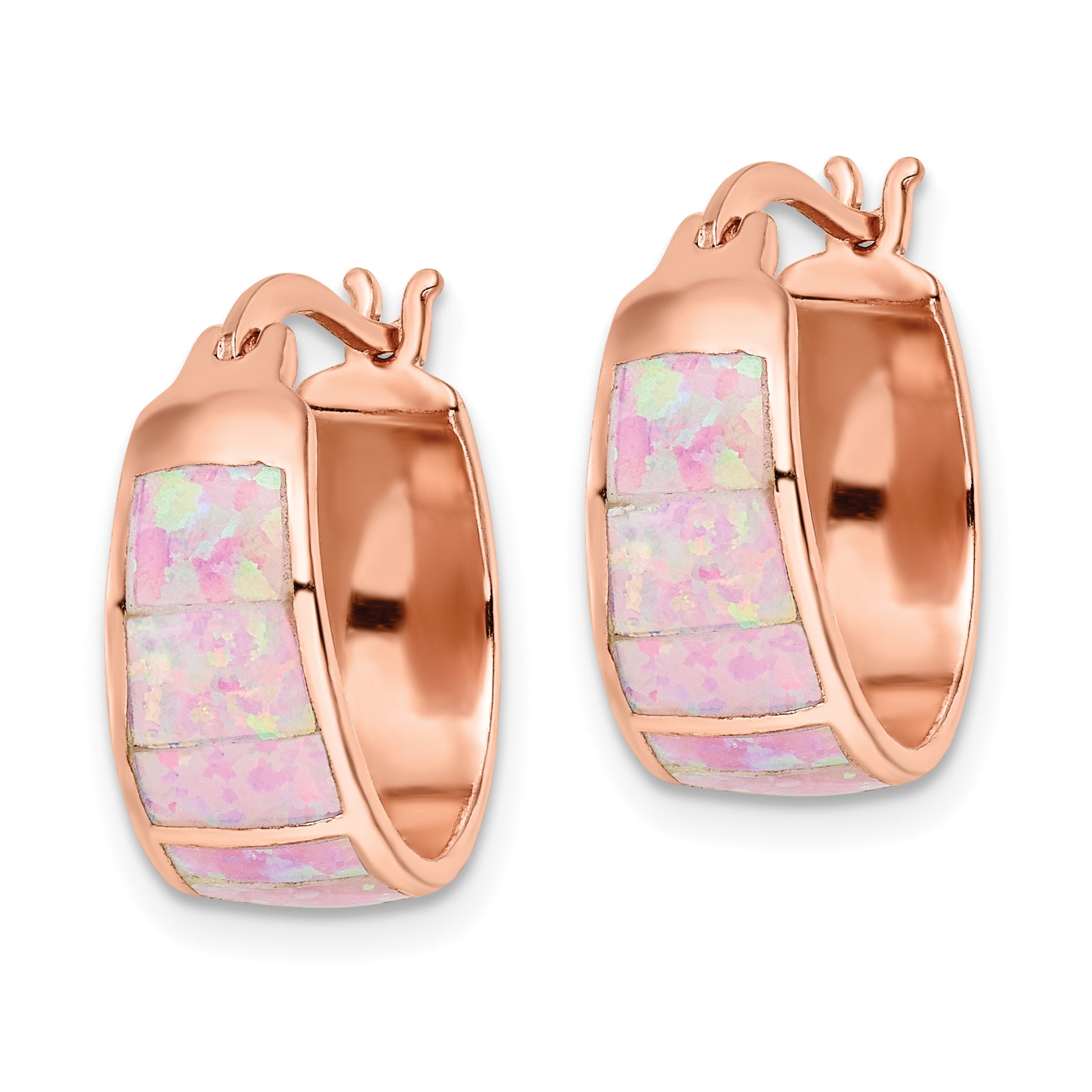 Sterling Silver Rose-tone Polished Pink Created Opal Inlay Hoop Earrings Secondary image