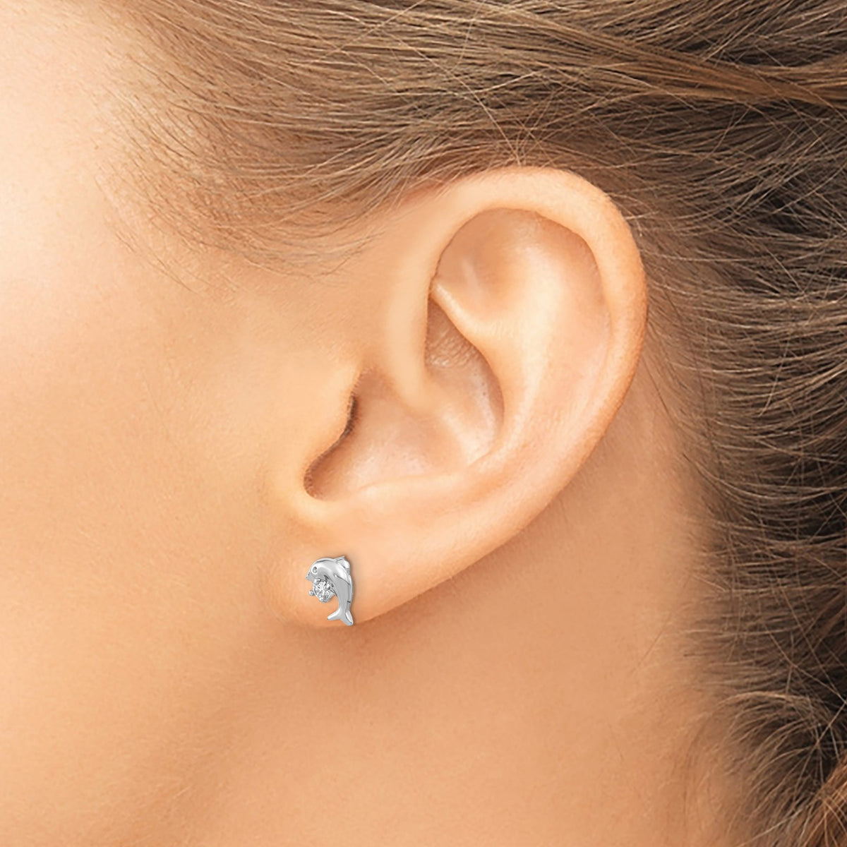 Cubic Zirconia Dolphin Stud Earrings in Sterling Silver, 6.2mm - Sophia Jewelers
