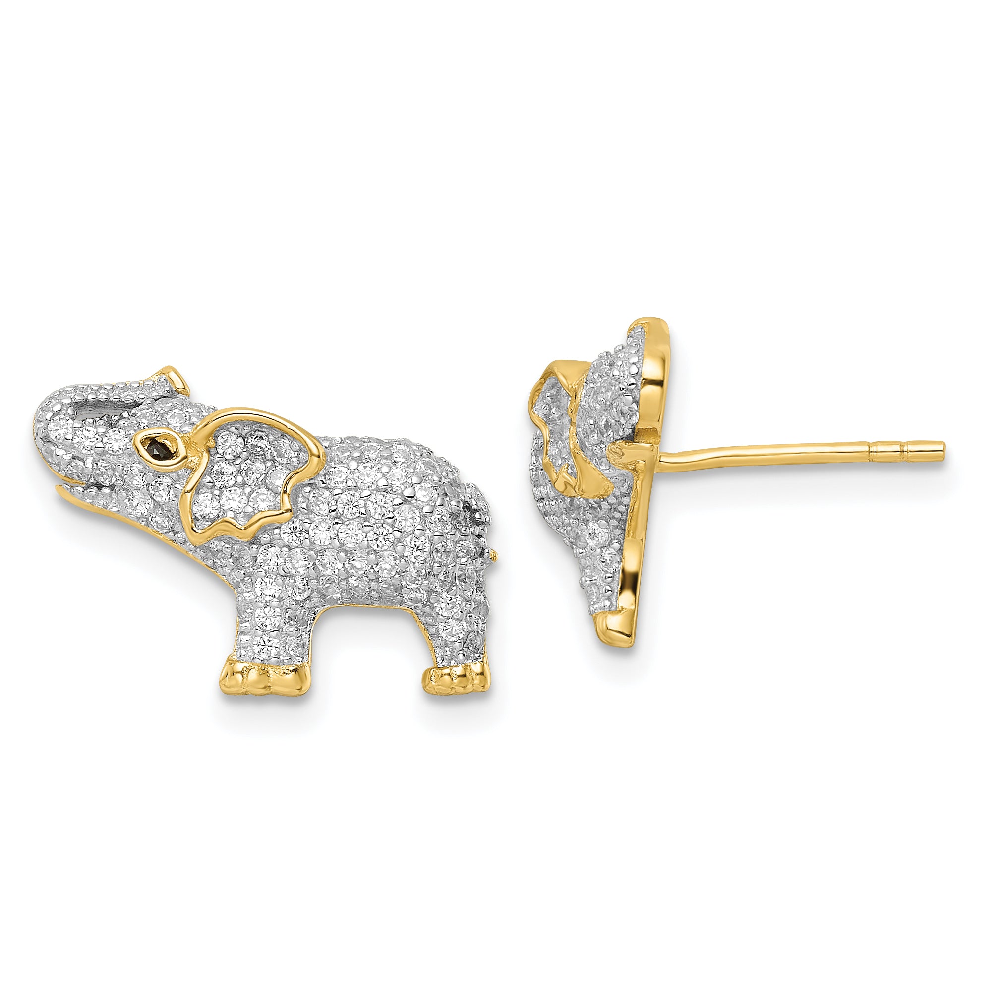 Sterling Silver Rhodium-plated Gold Tone CZ Elephant Post Earrings Main image