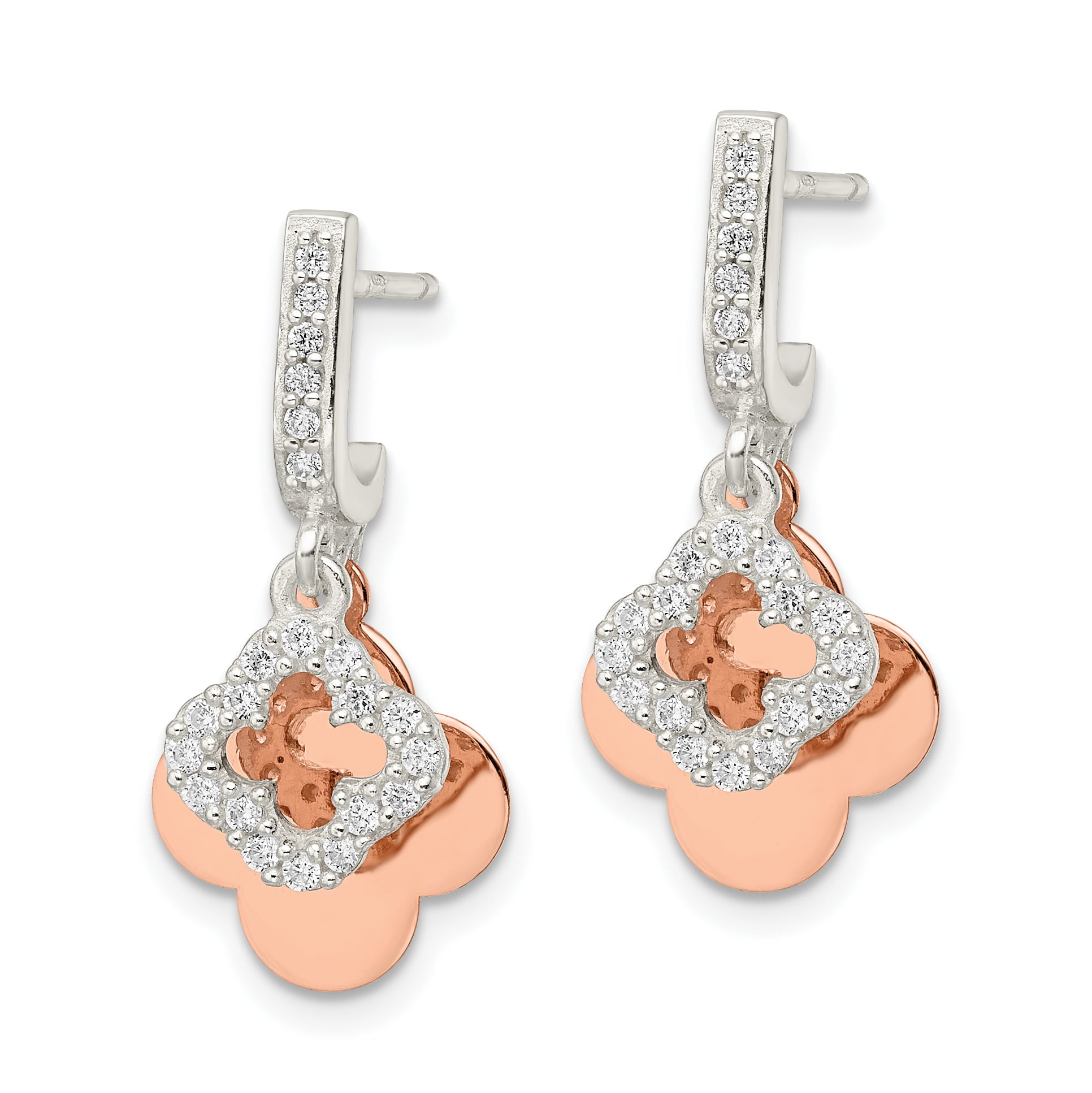 Sterling Silver Rose-tone Quatrefoil CZ Dangle Post Earrings Secondary image